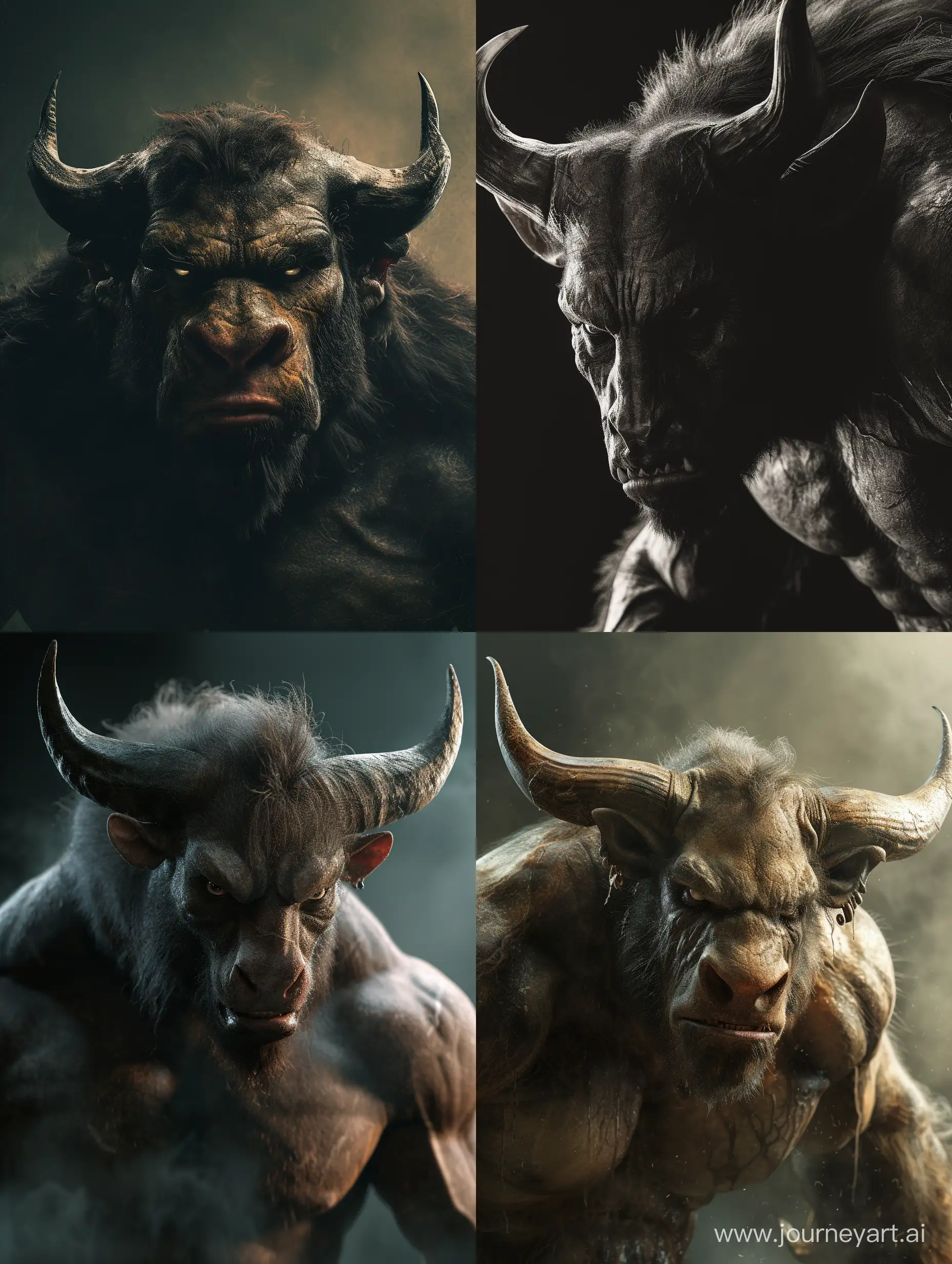 A minotaur looking straight at its face expresses anger, full body, terror, fear. 4K