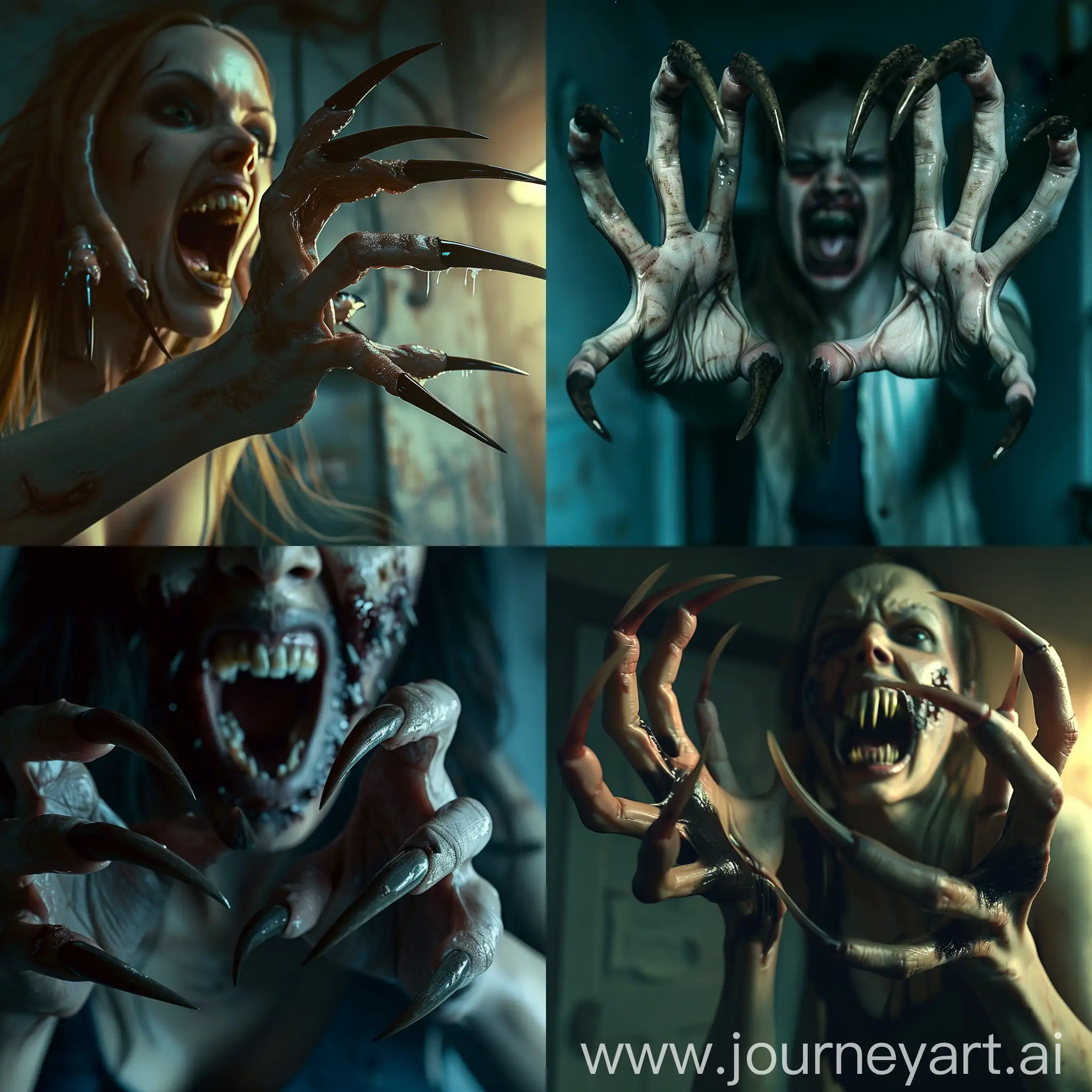 A terrifying nightmarish scene of a zombie woman with long, curved pointed nails protruding out of her fingers like menacing A horrifying nightmare scene of aggressive zombie woman with extra long curved pointed nails like beast claws on her five-fingered hands, her mouth is open with pointed sharped teeth, resembling fangs, she attacks you, scene inside darkness lab, hyper-realism, cinematic, high detail, photo detailing, high quality, photorealistic, terrifying, aggressive, sharp teeth-fangs, dark atmosphere, realistic detailed, detailed nails, atmospheric lighting.