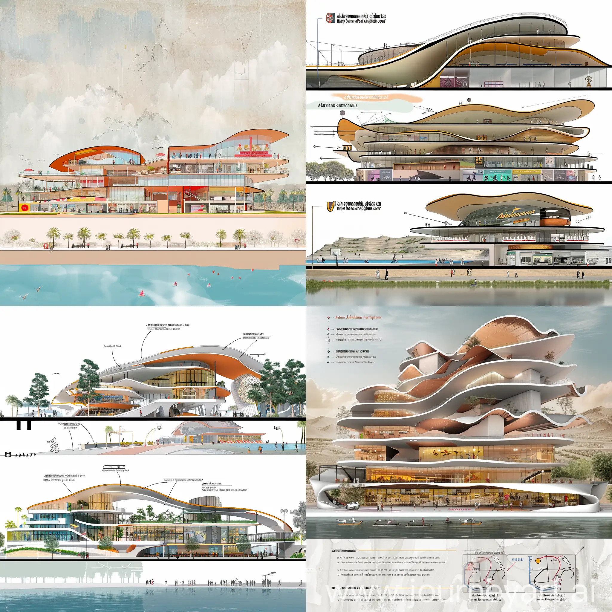 i want you to generate accurate and visually appealing section images for this architectural graduation project in 2D dimention. "Designing a sports village in New Alamien City, Egypt, the site boasts a picturesque lake view from the north and is prominently positioned along the main road from the south. The key components of the project include a main hall for basketball, handball, and other sports, a smaller hall for diverse activities, a vibrant food court, an outdoor court for archery with spectator seating, a compact administrative zone, a unique Soccer Beach, a hanged Olympic swimming pool designed to be extraordinary, a small rehabilitation area, and retail stores offering sports-related souvenirs and equipment. The design inspiration is derived from the organic compounds of hormones released during physical exertion, namely Adrenaline, Noradrenaline, Cortisol, and Testosterone. The resulting architectural form embodies the dynamic movement of athletes, featuring abstracted curves. Adrenaline influences varying height levels, Cortisol results in smoother building surfaces, and Testosterone manifests as competitive buildings trying to surpass one another. The overall style aspires to be smart and iconic, capturing the essence of the project's unique inspiration."