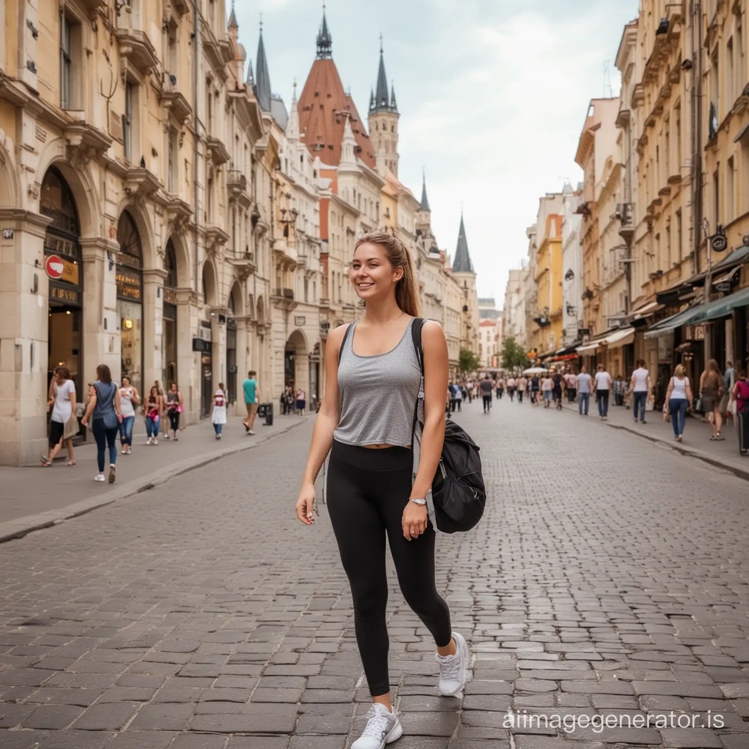 Twenty years old Auburn woman is a tourist in Budapest at a busy place. She wears sporty outfit cropped leggings and sport top, has her cellphone at hand, backpack is on her back.