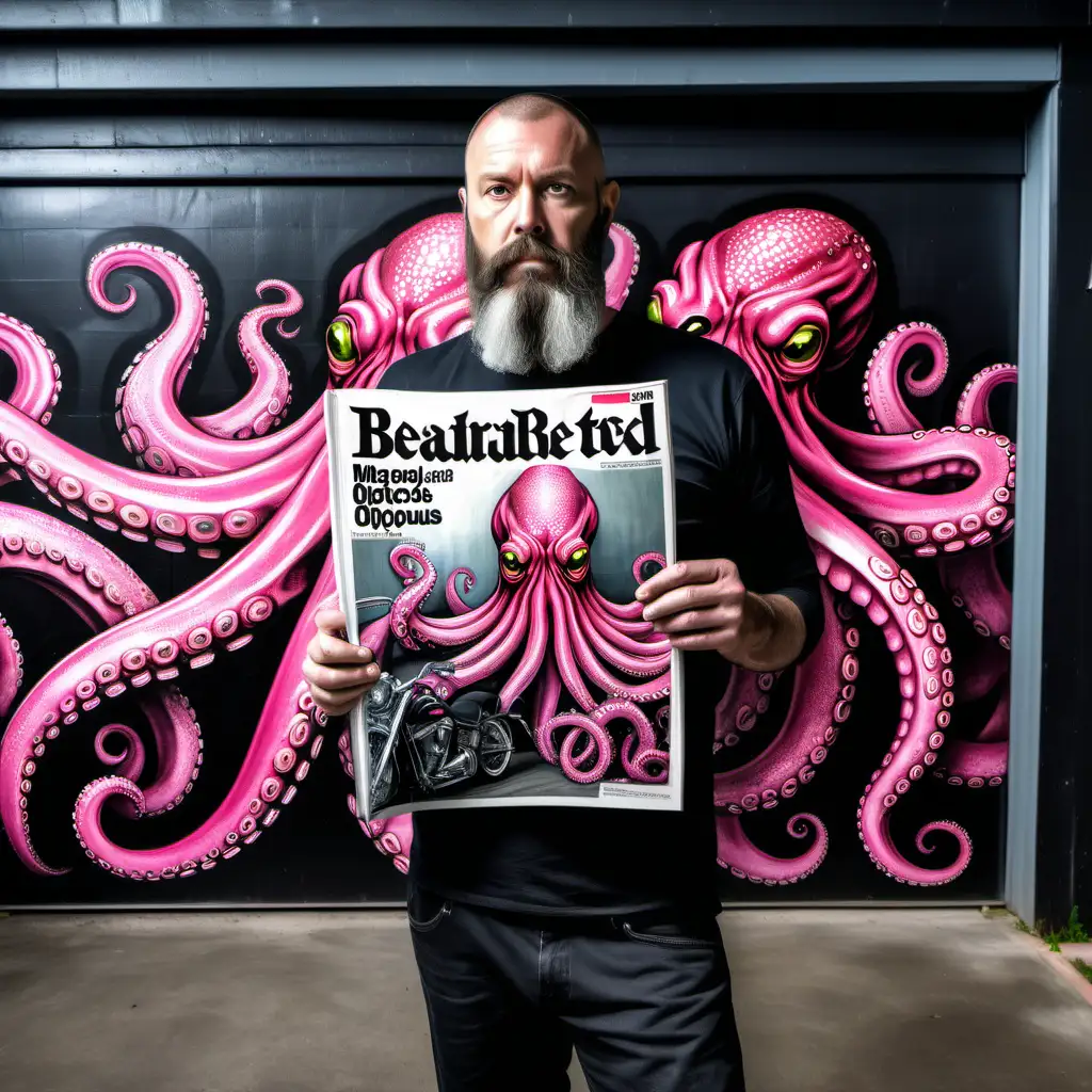 Bearded man who looks like a biker, aged 42, standing in a garage, holding a magazine. The magazine is A4 size and completely black in colour. The garage features a painted mural. The mural is of a pink octypus. Make the image a bit grainy like a real photo.
