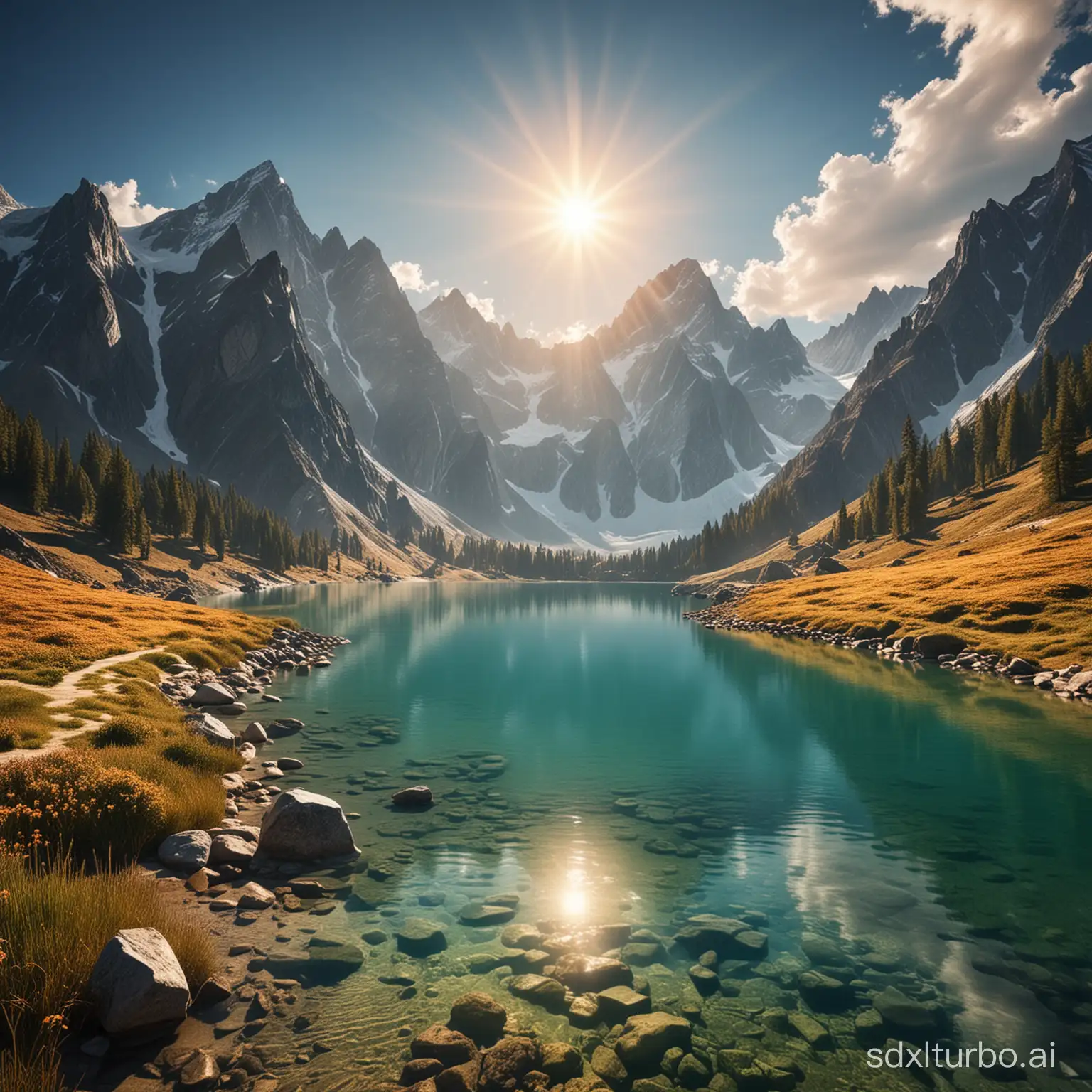 mountain with lake in front with a sun shining beautiful fantasy