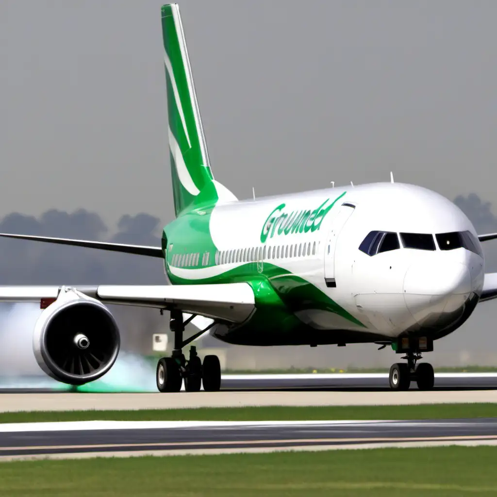 image of grounded airline on runway with engine smoking. airline to have no graphics on a white body and line green tail.

