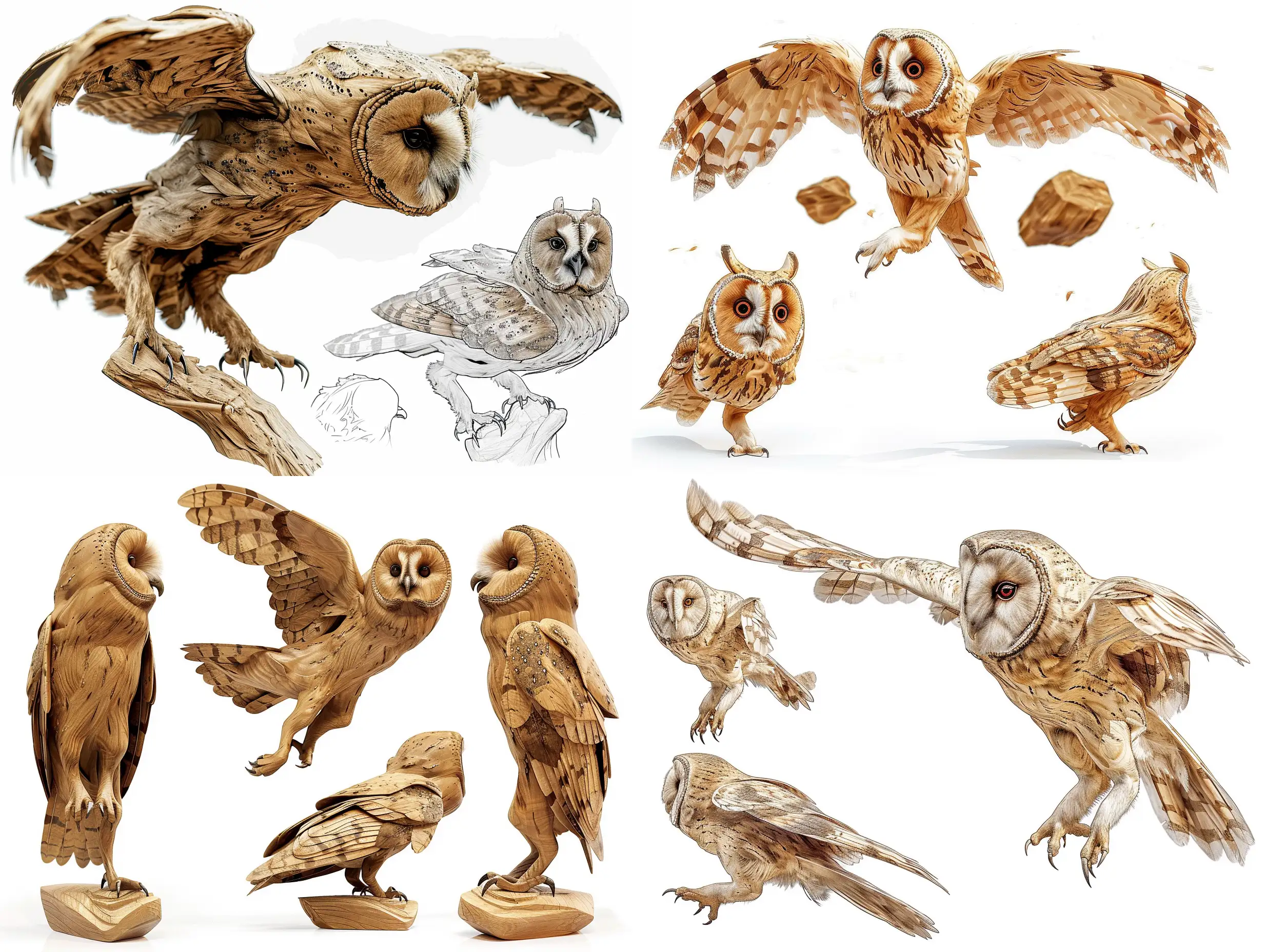 Professional sketch for wooden sculpture, a full-length long-eared owl jumping full-face and in profile, professional dynamic character, front back view and side view, wood carving, white background, 8k Render, ultra realistic