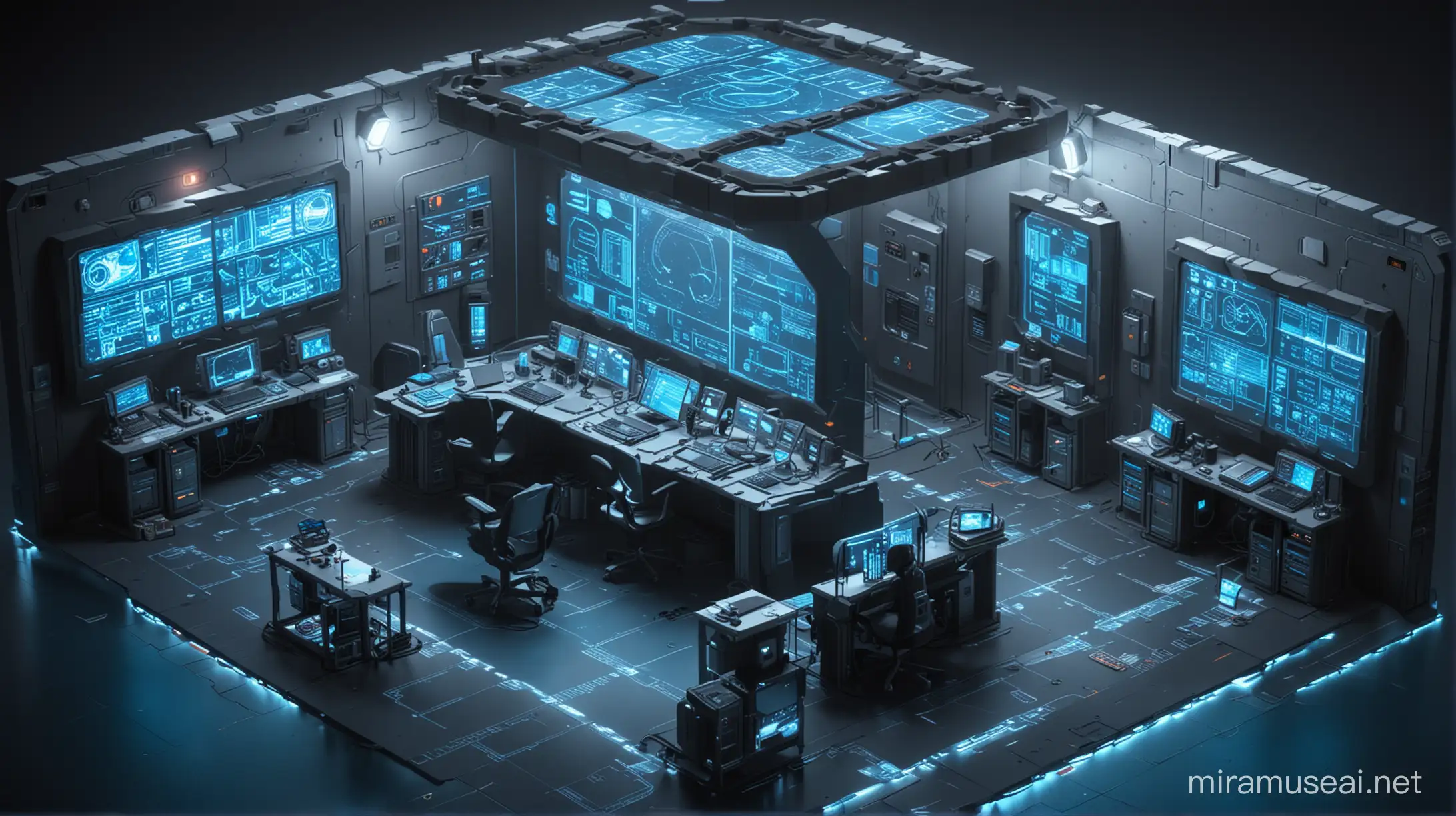 Futuristic Isometric SCIFI Control Room with Glowing Blue LED Lights