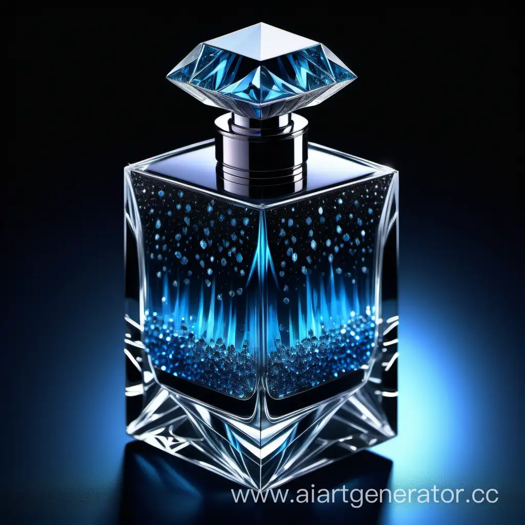 a crystal clear diamonds, with glowing sparks perfume bottle made of blue and black
 transparent 