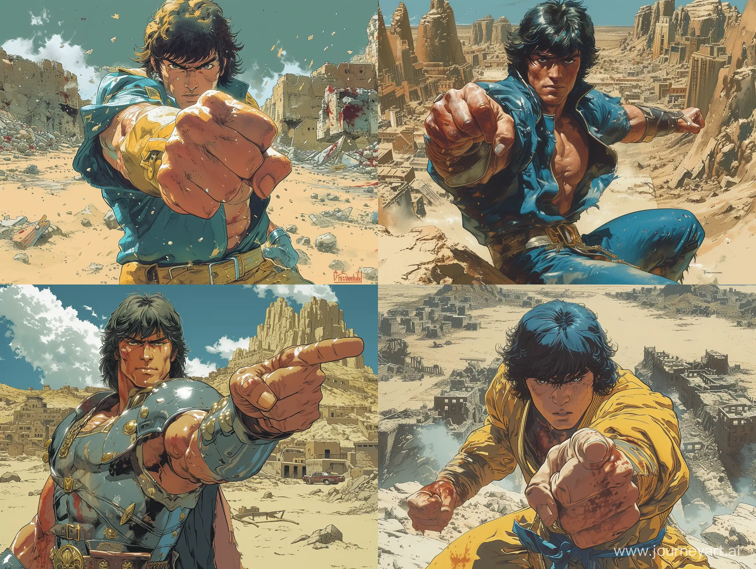 Dynamic video game character with Fist of the North Star, Kenshiro waved his fist and smashed his opponents in the apocalypse era, vibrant in an action pose, ultra-rare status, With the end of the earth as the background, the ruined city in the desert, A story of survival with blood and violence, art by Tetsuo Hara and Buronson, Shows the high energy of fighting comics in the 1980s, with high resolution, vivid colors, and sharp details, focus, and very details skin, --stylize 750 --v 6