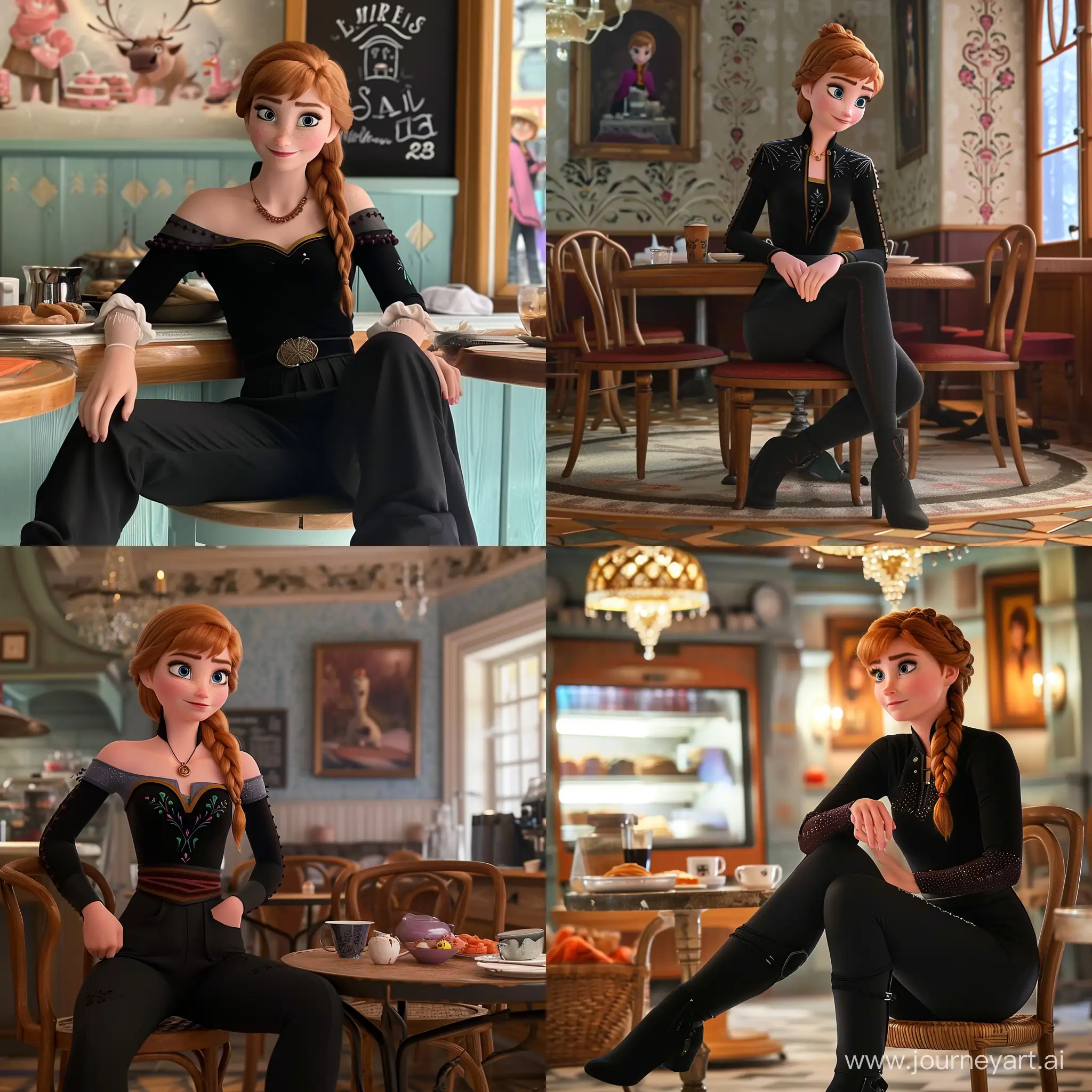 Frozen 2 movie Anna, 25 years old, wearing black pants and top, sitting in the cafe