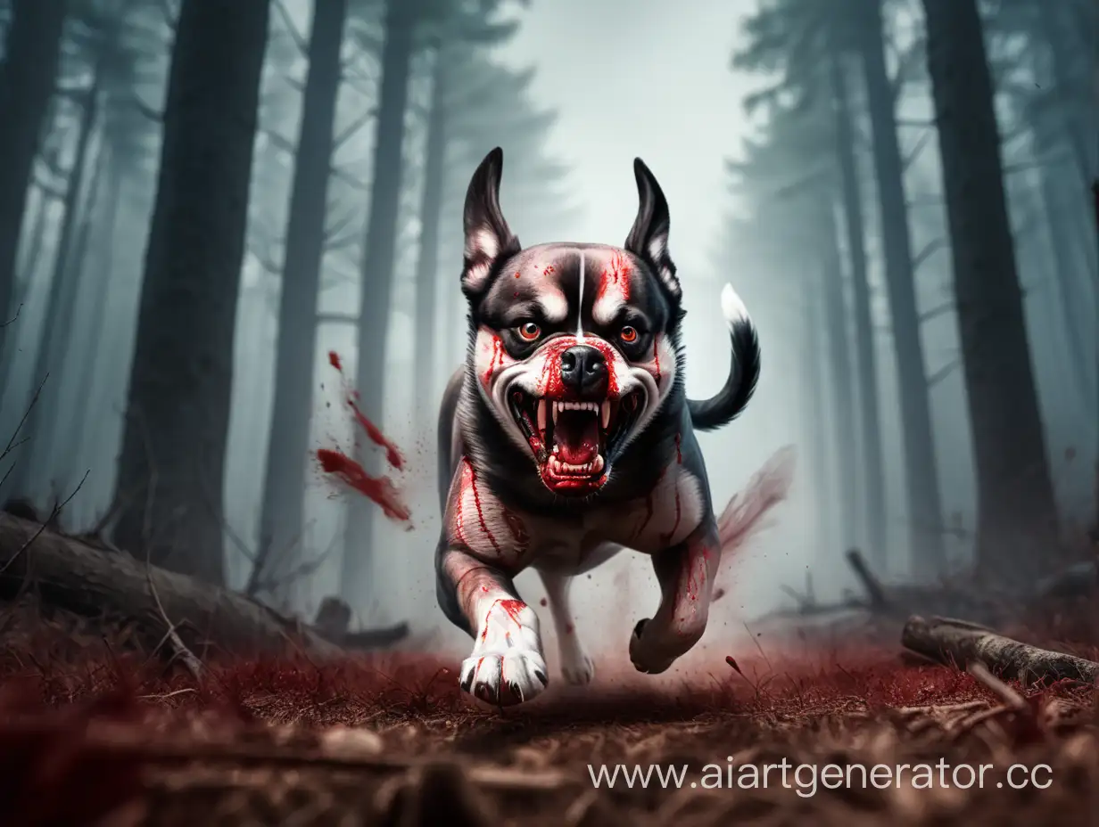 Очень злая собака с окровавленной пастью готовая напасть на фоне мистического леса 