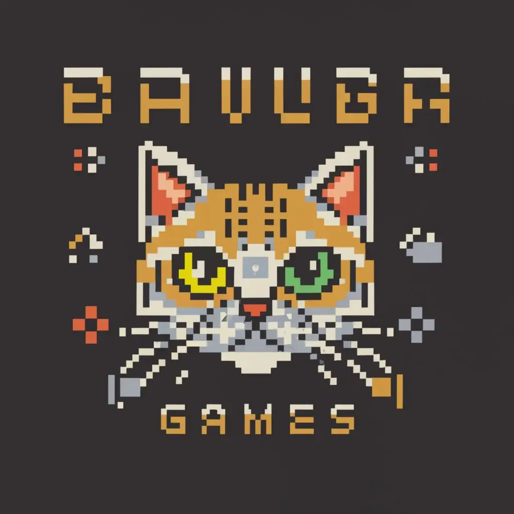 a logo design,with the text "Bourg Games", main symbol:Cat with game controller keypads on the cheeks pixelated,Moderate,clear background