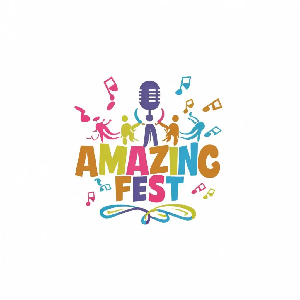 logo, logo for may music festival, white background with colourful silhouette in the centre representing people having fun, microphone, treble clef and flying notes 3D text "aMAYzing Fest", with the text "aMAYzing Fest", typography, be used in Travel industry