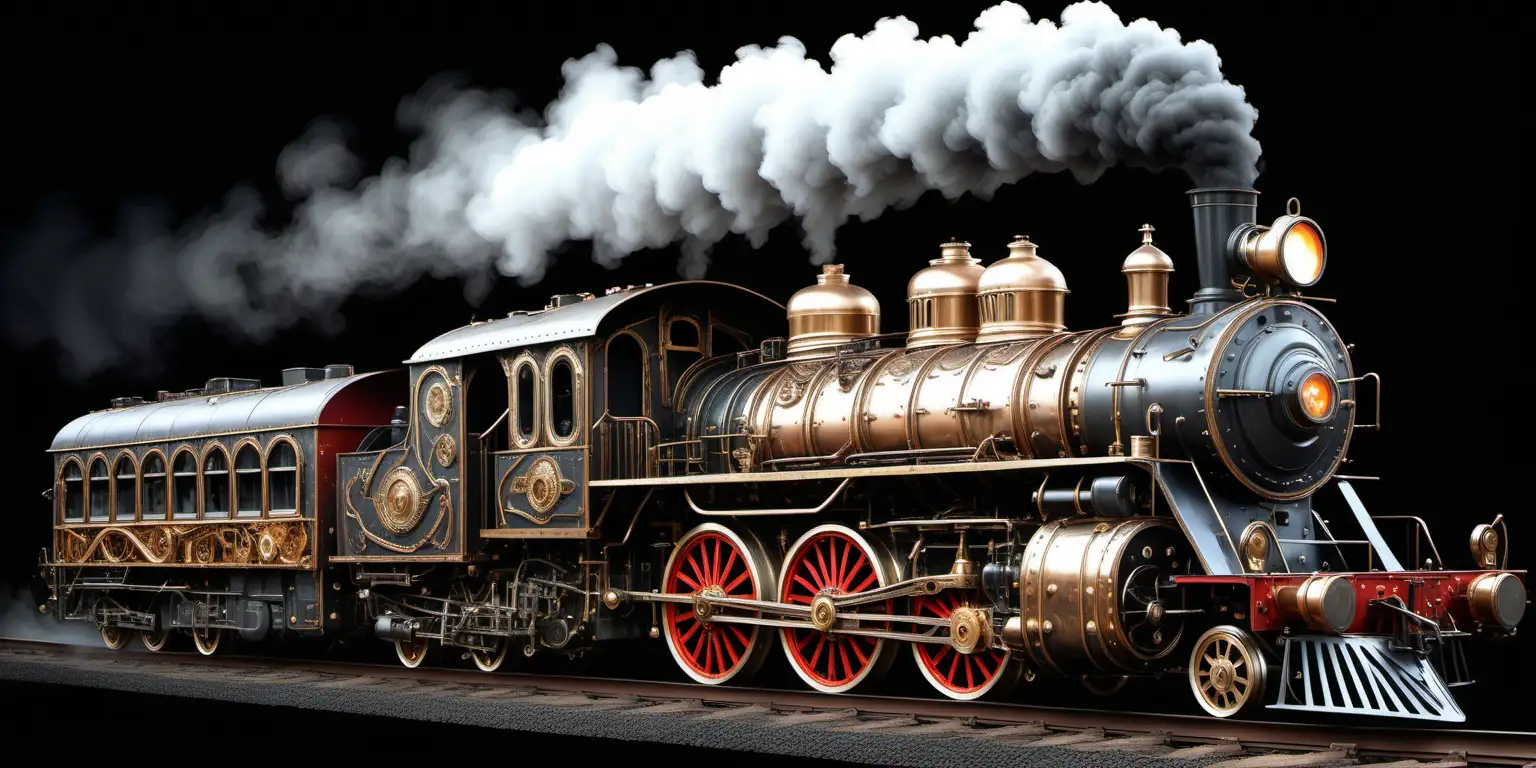 HyperDetailed Steampunk Steam Train Art on Black Background
