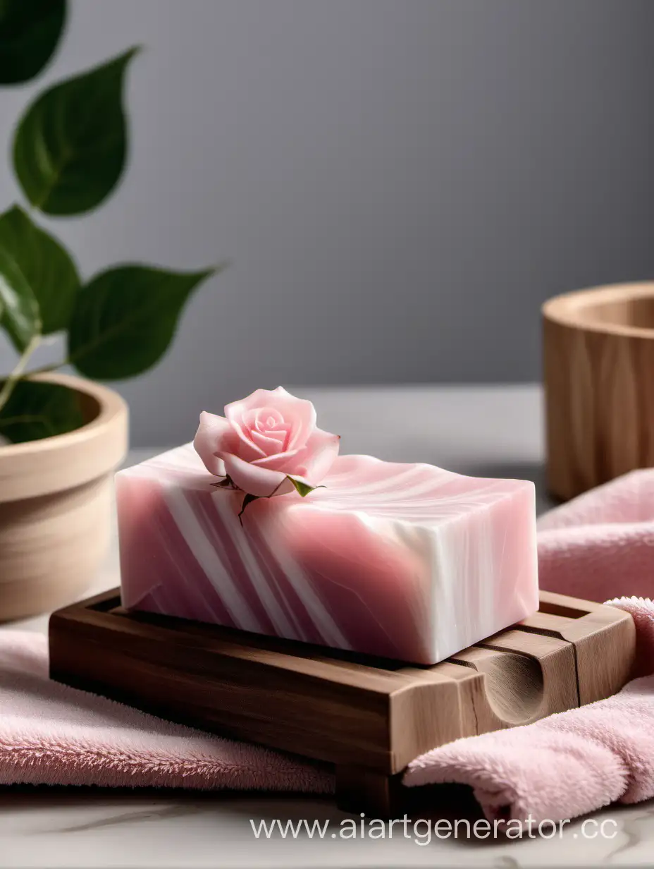 мыло ручной работы розово-белое с розочкой стоит в деревянной мыльницй на столешнице   в ванной комнате на фоне полотенца и растение 

