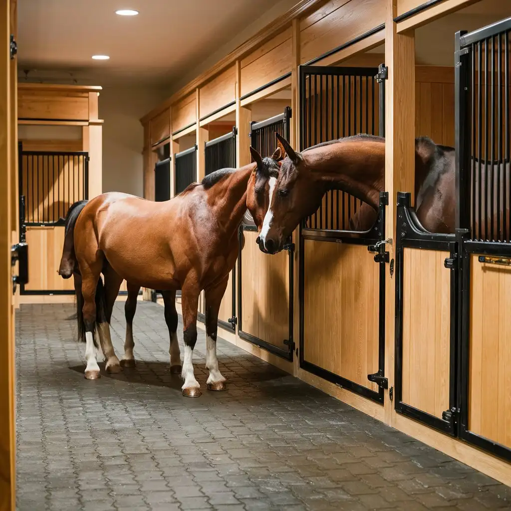 Luxury Oak Wood Horse Stalls with Black Hardware and Equine Paver Rubber Tile Flooring