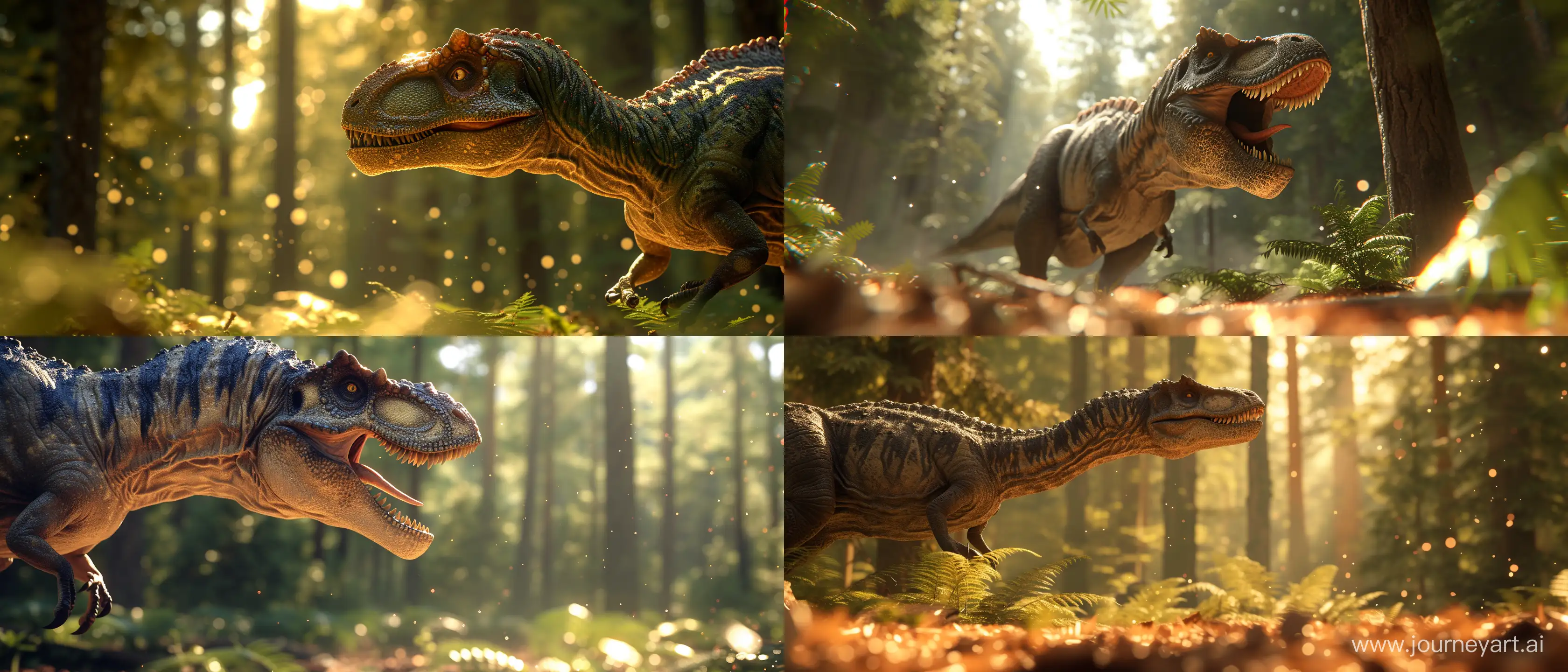 Dinosaur in the forest; sunny day; close up on some objects in the scene with advanced blurring techniques in specific parts on half of the objects in the close up and the other half without blur and with absurd 32k detailed quality; using all the graphic, lighting, design and scenery techniques of the most hyper-realistic and current animations of the last generation; Ray tracing at an absurd and exaggerated level; 32k; absurd details; advanced mirroring techniques; better CGI; advanced blurring techniques in some specific points; advanced lighting techniques; cinematic style; Blurred
 bottom; some blurred light spots in different sizes; small points of light throughout the image; Parts of the image and the parts that were not blurred with as much absurd detail as possible in 32k quality; --ar 21:9 --v 6.0