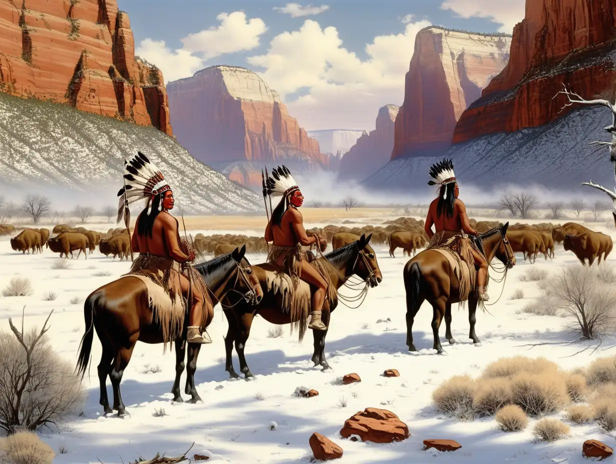 Winter Buffalo Hunt Native Americans on Horseback in Zion