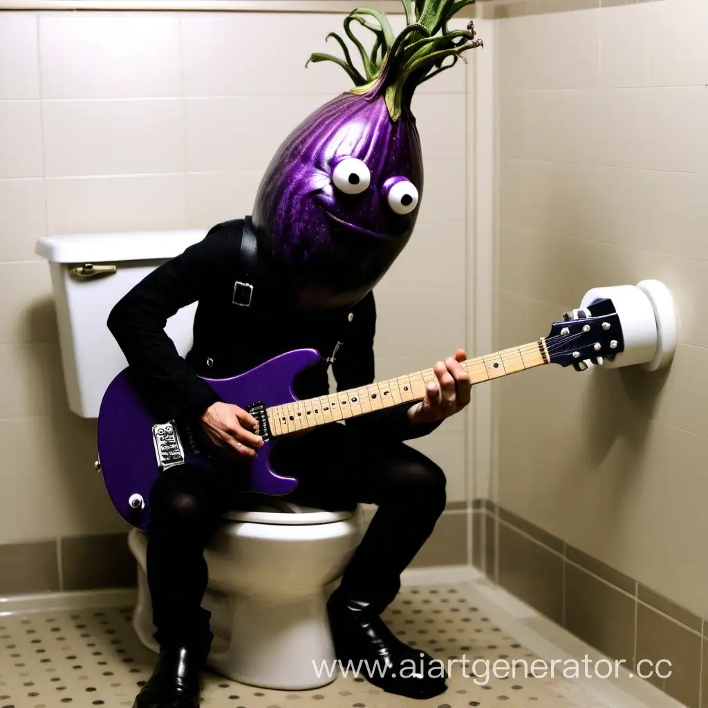 Баклажан панк играет на гитаре стоя на унитазе