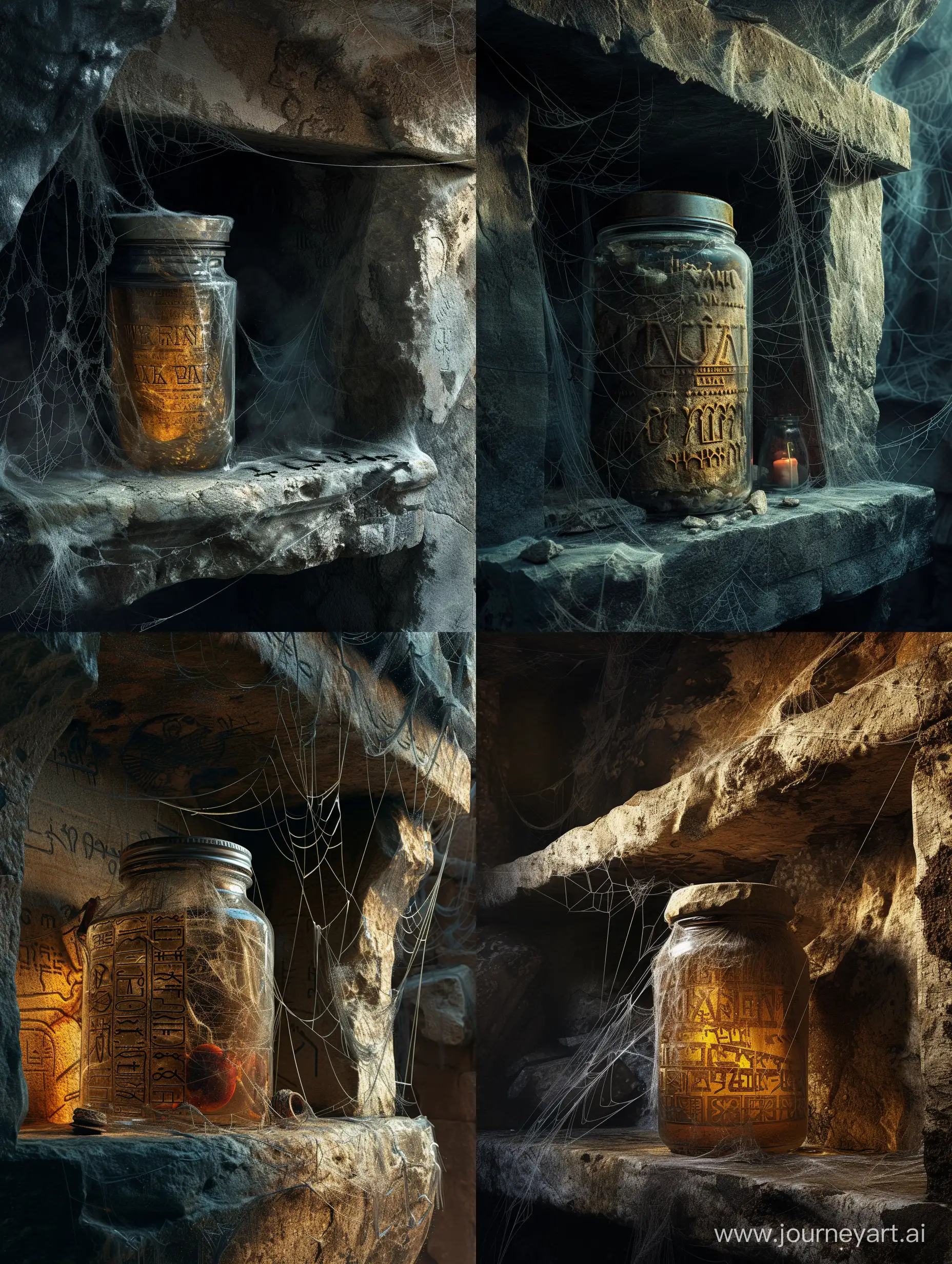 Ancient dark World in alcohol inside a jar,on ancient stone shelf,cobwebs everywhere,runic script,incredible detail,terrifying,Digital Art.