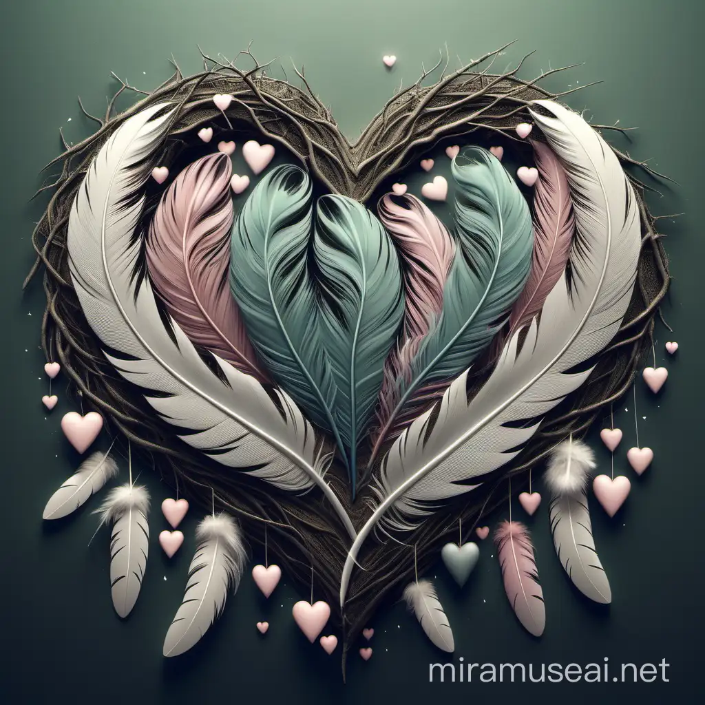 Whimsical Forest Scene with Feathered Hearts and Trees