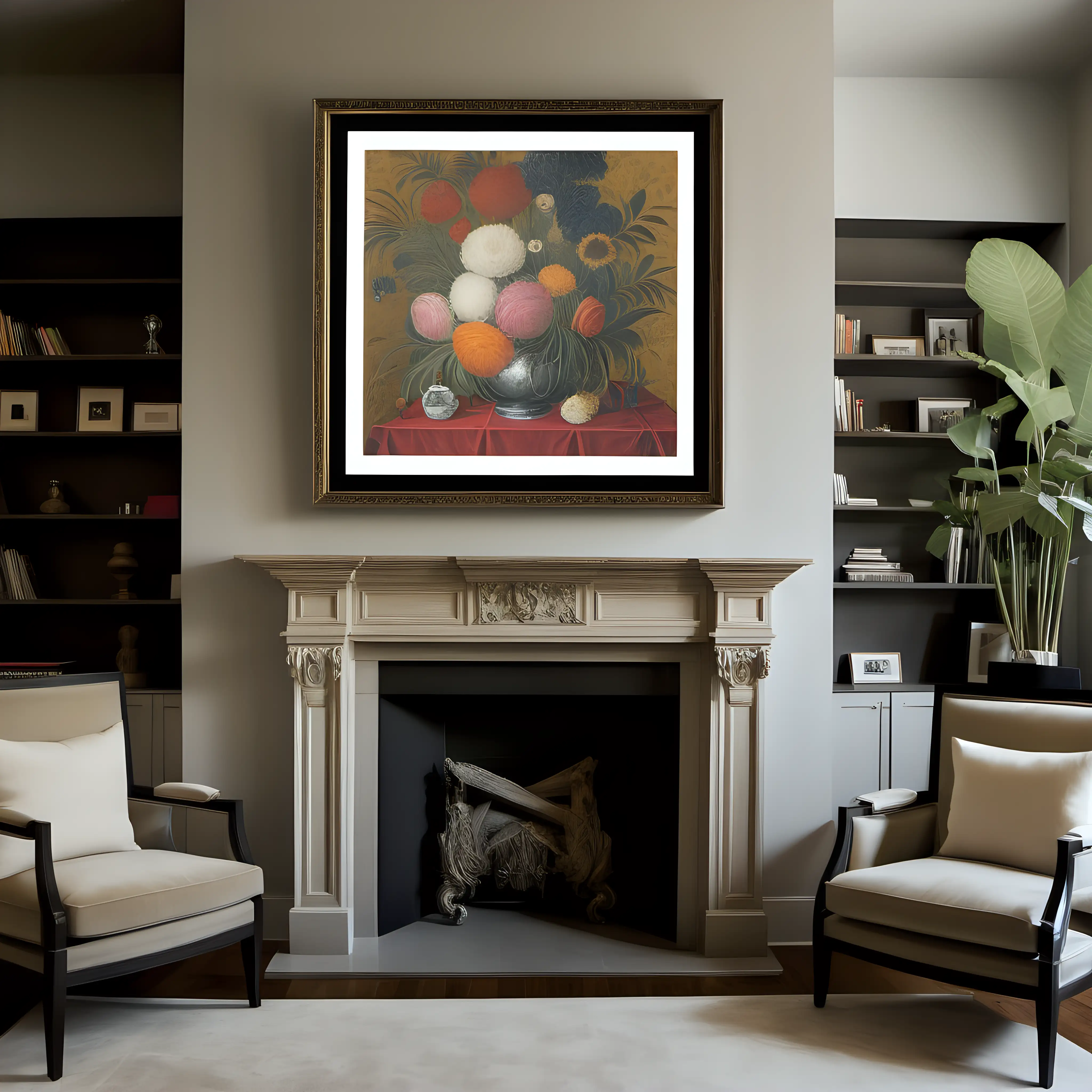 Elegant Framed Art Displayed Above a Luxurious Fireplace