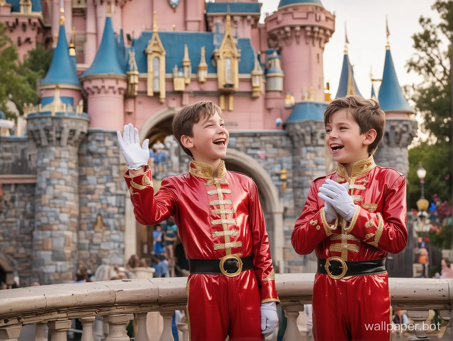 Two 12-year-old boys, each dressed in a latex costume, standing side by side in front of the iconic Sleeping Beauty Castle at Disneyland. They are beaming with excitement and joy, their cheeks flushed from the thrill of being in their favorite place. They are wearing matching latex suits in a vibrant shade of red, accented with white gloves and shoes. Their heads are thrown back, their arms raised in the air, revealing their smooth, latex-covered skin. One of the boys has his hands clasped together, as if in prayer, while the other stretches his arms out wide, embracing the moment. Despite being surrounded by the hustle and bustle of the theme park, these two boys seem to be lost in their own world, fully immersed in the magic and wonder of Disneyland. Their eyes meet, and they can't help but grin and laugh, sharing a private joke only they understand. The image captures the essence of childhood innocence, the freedom to express oneself fully, and the unbridled joy of being in a place where dreams come true.