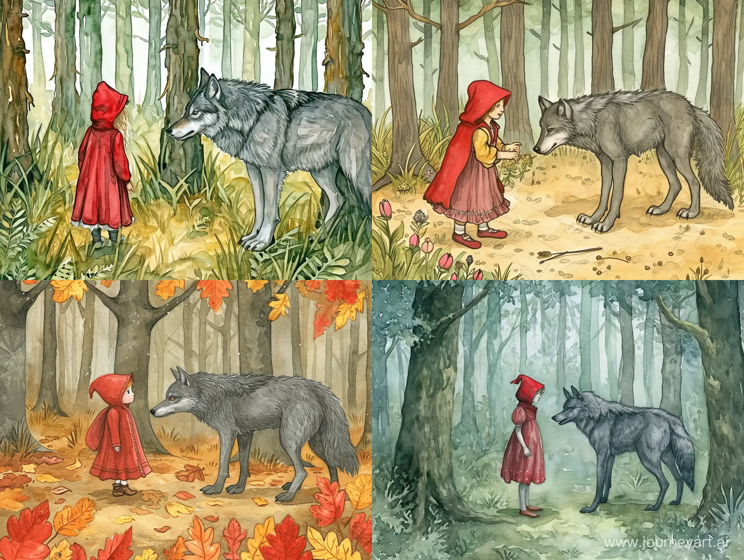 красная шапочка встретила в лесу серого волка, иллюстрация, красиво, сказочно, высокая детализация, акварельный рисунок