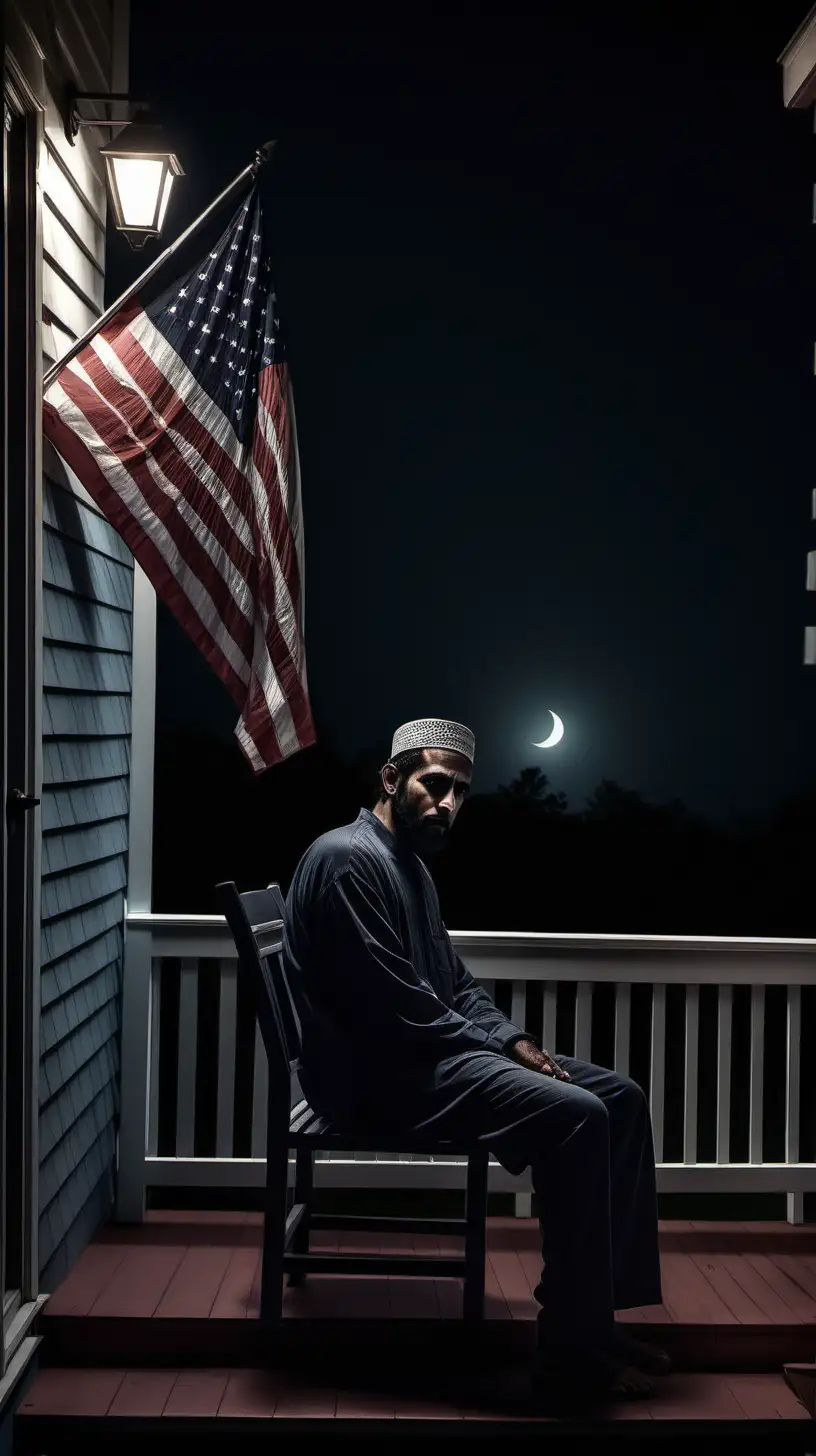 Subject: A Muslim man, front on, sat on an American porch, staring at us, 

Setting: an American porch, an American flag, night time, moonlight 

Style, moody, dark, cinematic lighting, hyper realistic, sinister, ominous, atmospheric, in the style of Christopher Doyle

