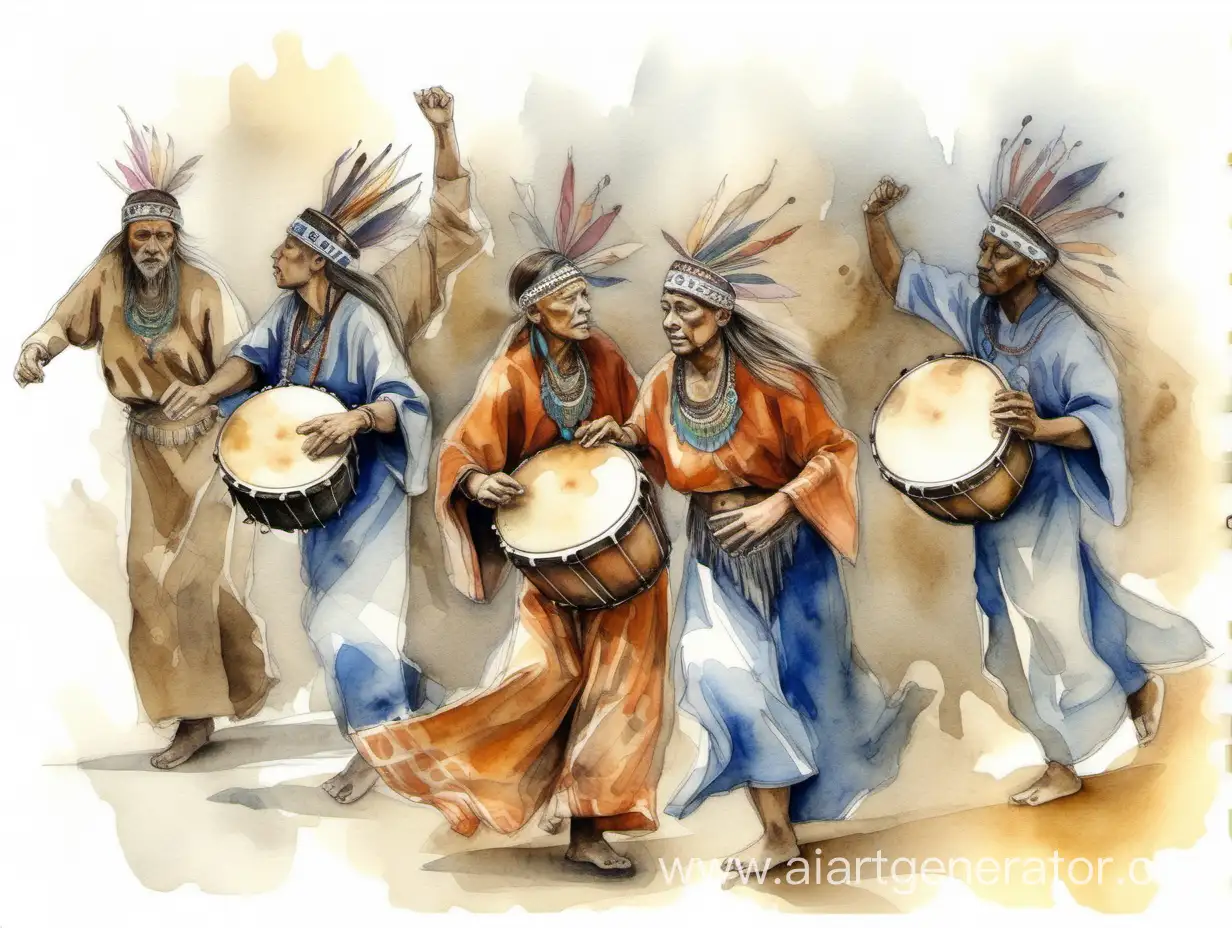 Vivid-Shamanic-Dance-Sketch-Pencil-and-Watercolor-Art-with-Flat-Drums