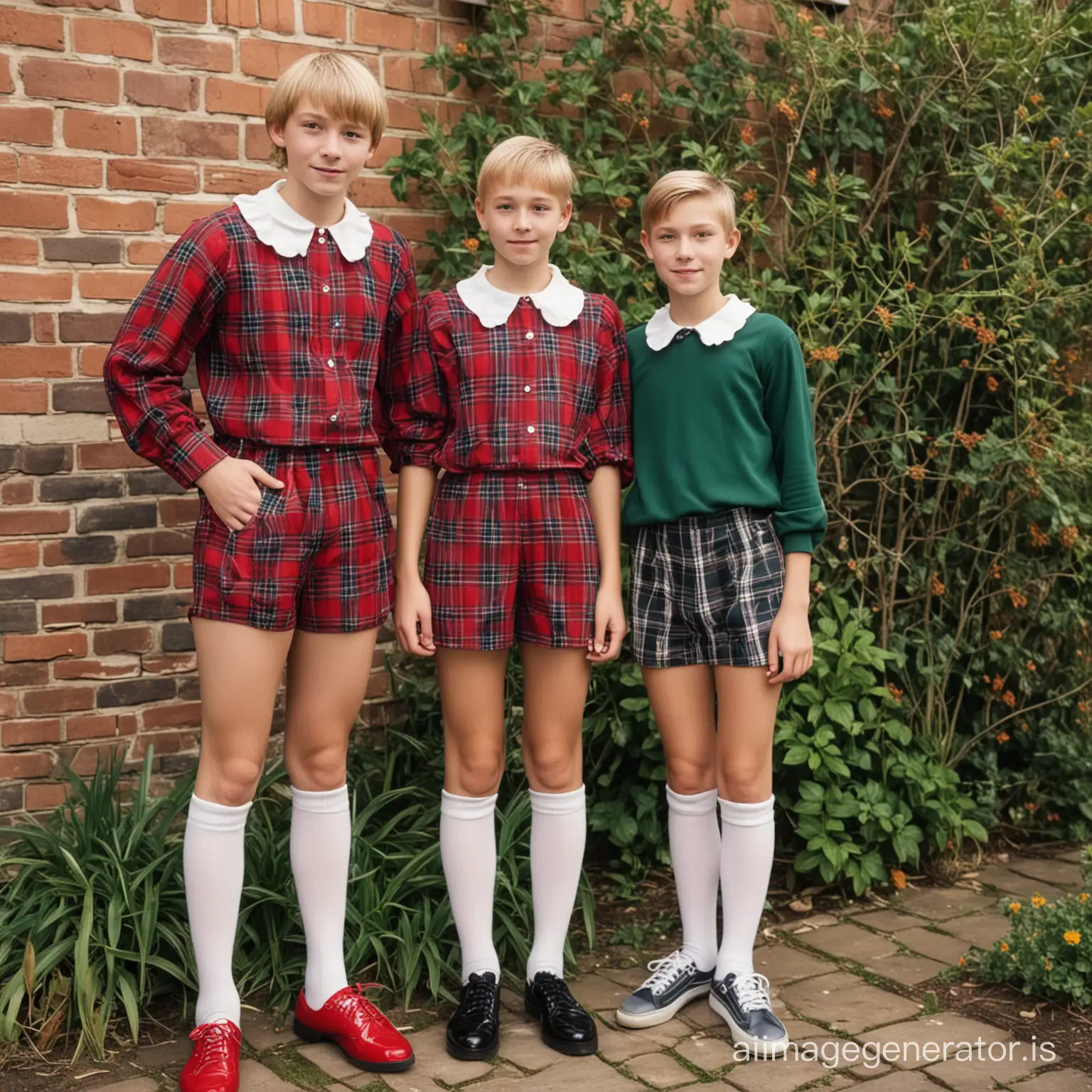 Two 16-year-old blond slender boys, standing against a brick wall in a garden, with a peter pan collar puffy blouse, a red plaid playsuit, white knee-high socks and sneackers., photo