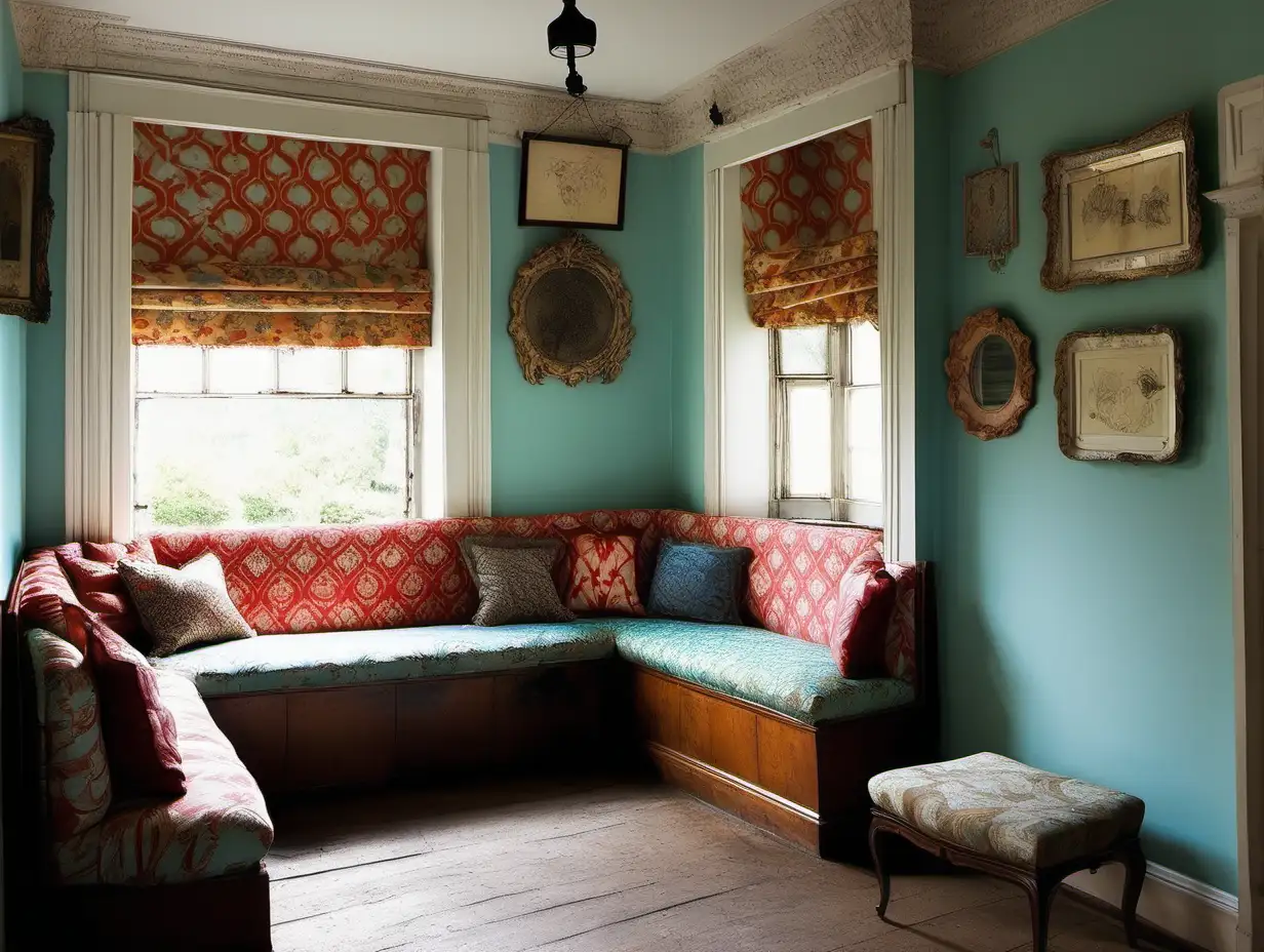 Eclectic LShaped Banquette Seating by Corner Window in a Period Room with Old Fireplace and Vibrant Colors