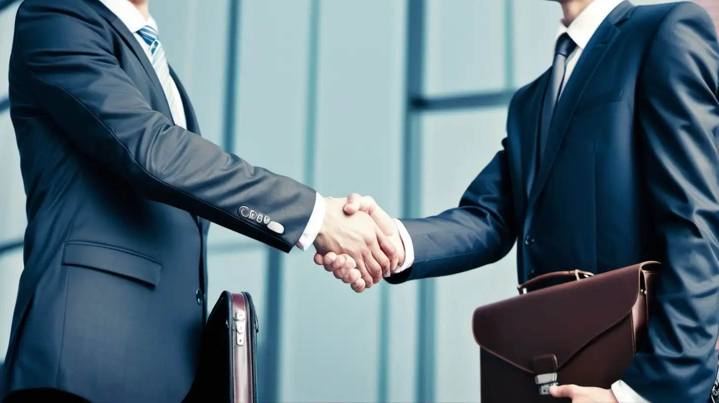 Two businessmen in suits shaking hands firmly, each holding a briefcase
