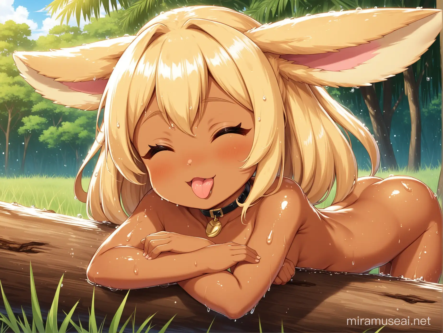 detailed anime style, baby lopunny girl, naked, eyes closed, blushing, dark skin, tanned, wearing choker, wet body, tongue sticking out, happy, in savanna, lying on log,