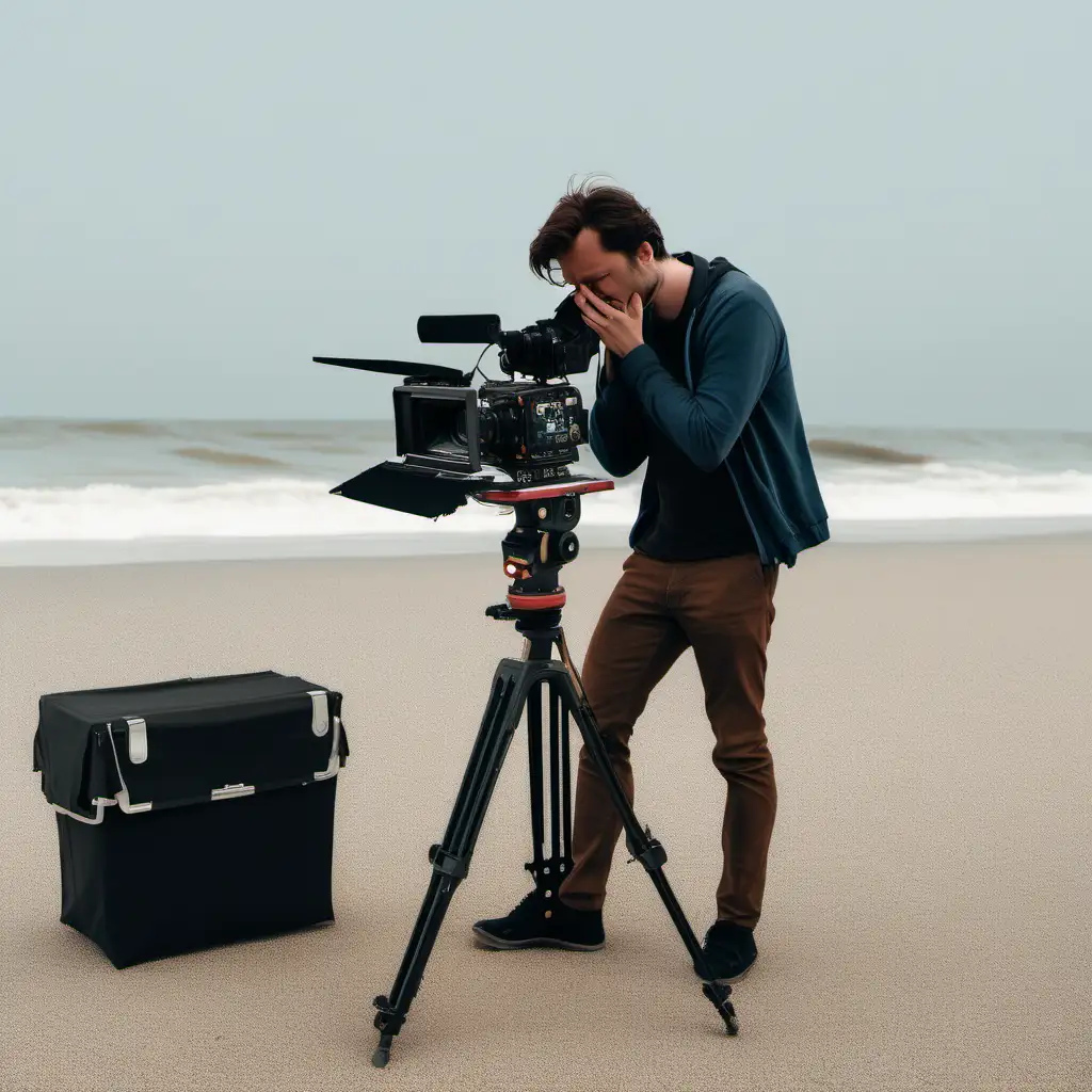 a guy with brown hair is on a beach, crying, extremely sad, while filming with an arri alexa on his shoulder