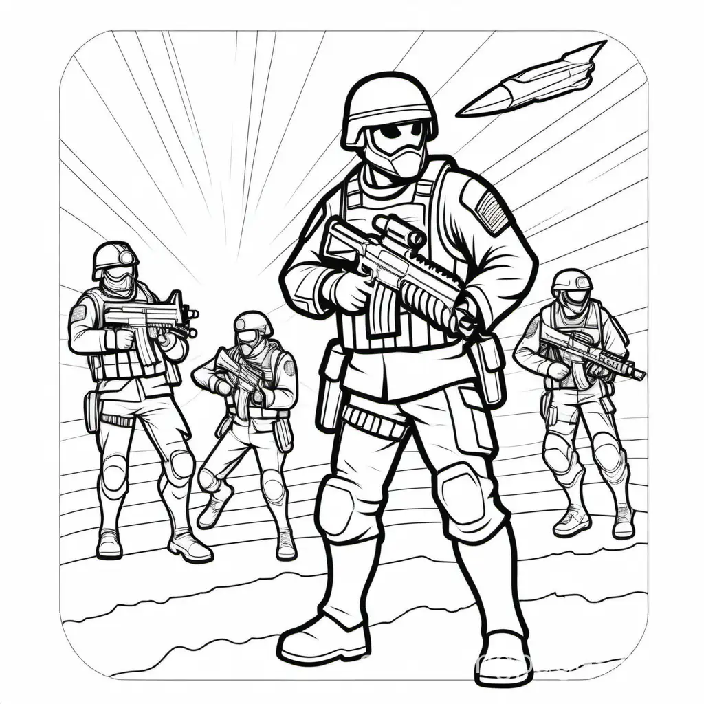 COMBAT MOVIES
, Coloring Page, black and white, line art, white background, Simplicity, Ample White Space. The background of the coloring page is plain white to make it easy for young children to color within the lines. The outlines of all the subjects are easy to distinguish, making it simple for kids to color without too much difficulty