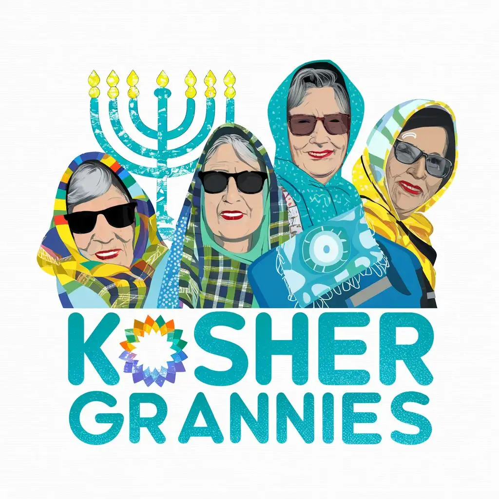 logo, Israel, yellow, blue, white,  4 Jewish old shlchool grannies with sunglasses Israeli colorful headscarves, 7 branches Menorah, Paul Klee, with the text "Kosher Grannies", typography, be used in Automotive industry