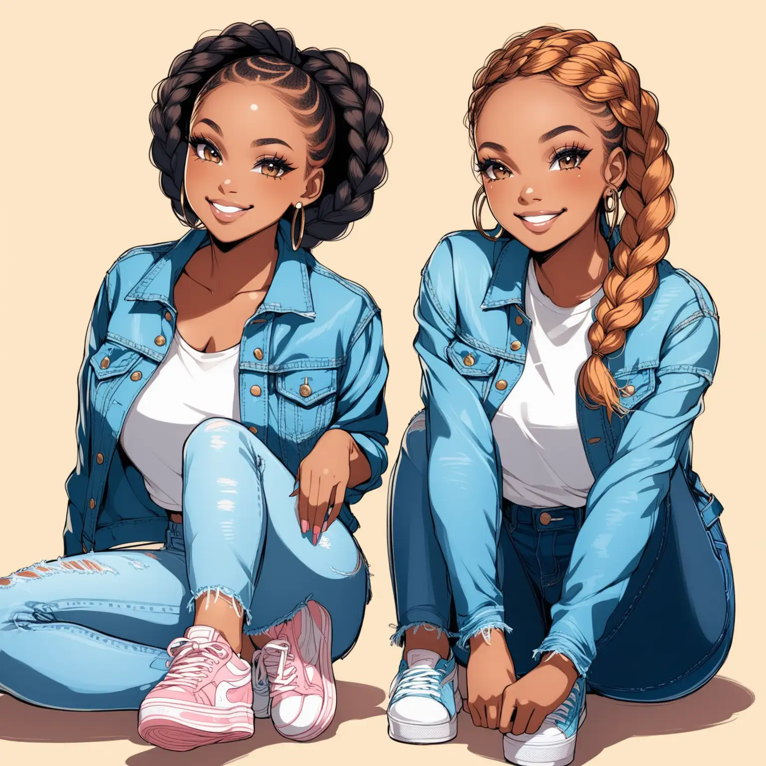 african american women with braids, long eyelashes, eyeshadow, smiling, jeans, sneakers, jean jacket, tshirt,