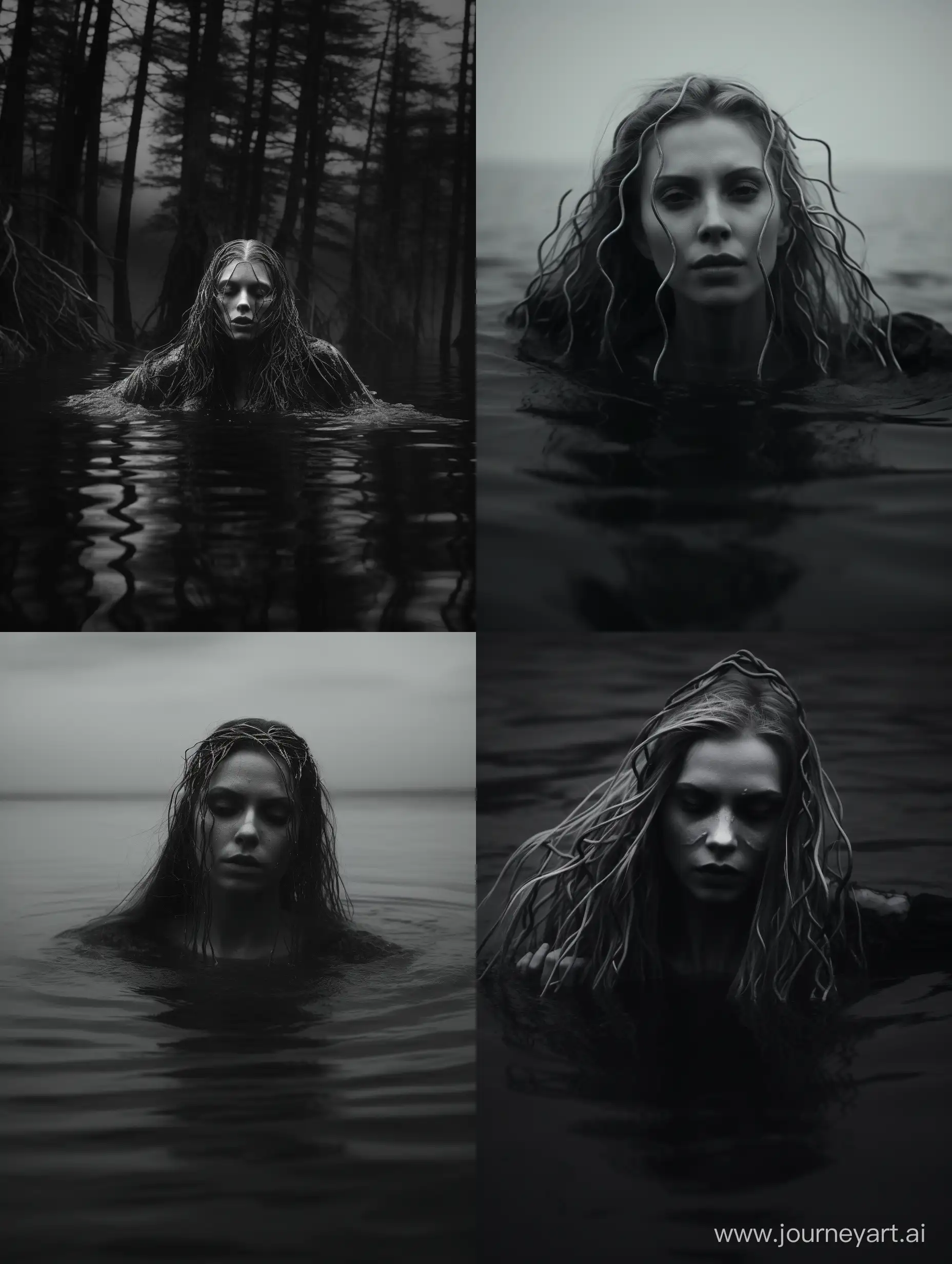 Unsettling grayscale photo to evoke folk horror, pagan witch emerging from murky water with only her hollow eyes peaking out above the water, a trail of bodies floating in the water behind her in the background, pagan horror, nightmare fuel, photo taken on provia