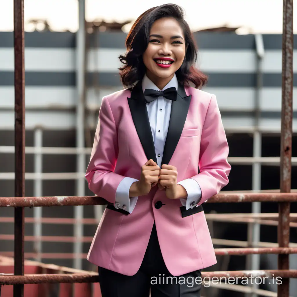 sophisticated and confident Indonesian woman with shoulder-length hair and lipstick wearing a pink tuxedo with a white shirt with cufflinks and a black bow tie, (black pants), folding her arms, laughing and smiling.  She is standing on a scaffold.  You can see her shirt cuffs with cufflinks.