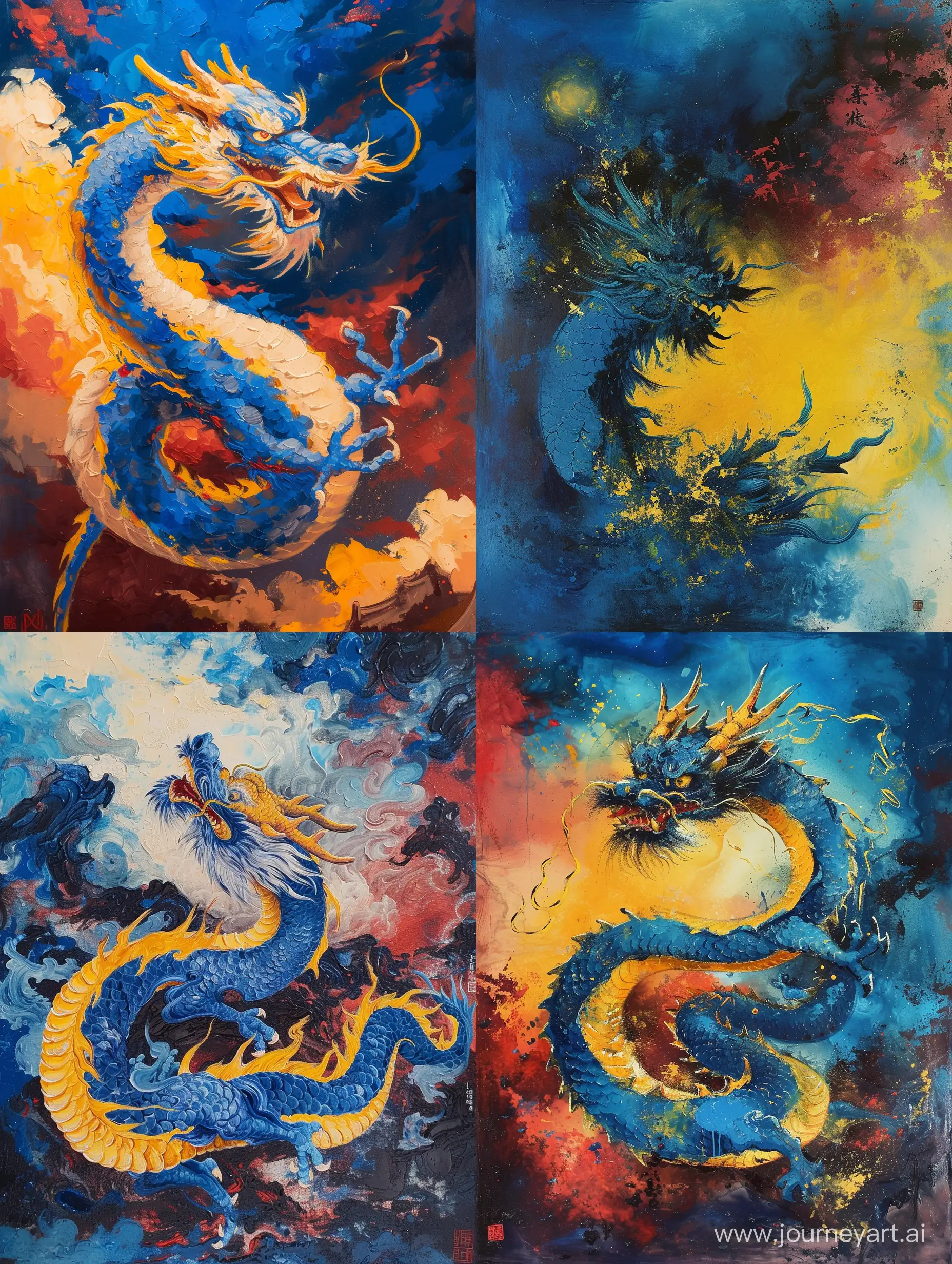 a painting of a Chinese dragon in blue and yellow colors, in the style of expressionist figures, the stars art group (xing xing), jewish life scenes, thick impasto landscapes, mote kei, dark sky-blue and red, careful framing