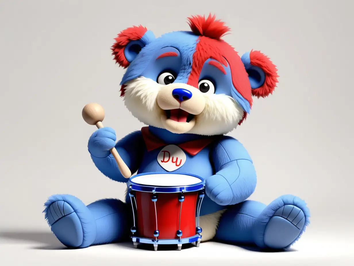 Full body image, A Cartoon drummer boy fluffy red, white, and blue teddy bear.  It is singing. It is sitting. White background.