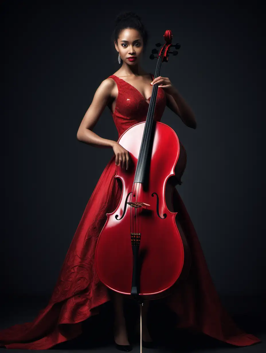 High resolution. Photo realistic.
Show me multi-ethnic Calley! the extraordinarily beautiful cellist dressed in an exotic red gown  standing facing the camera