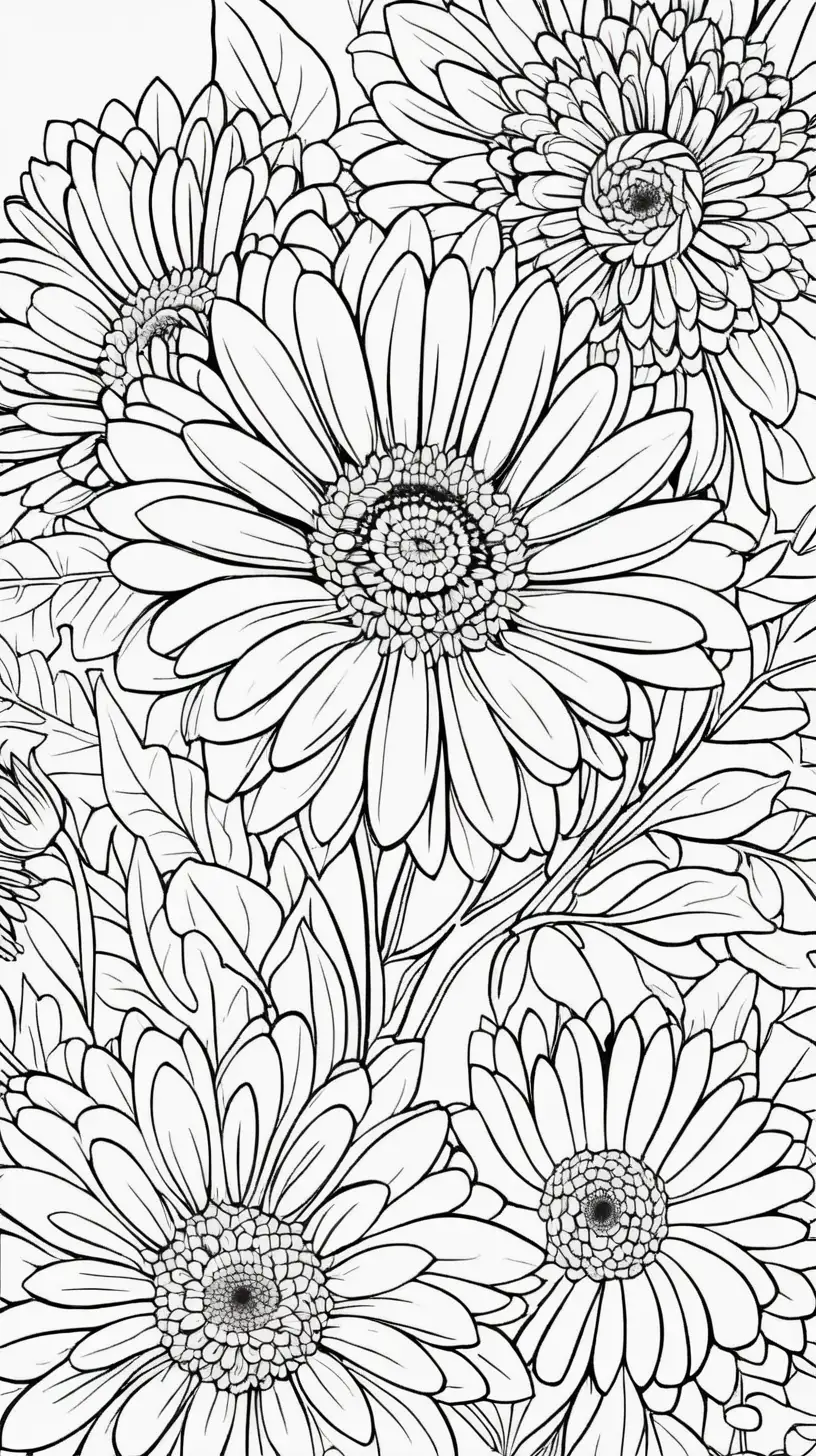 coloring book image, thin black lines, patterned floral mandala pattern, Gerbera
