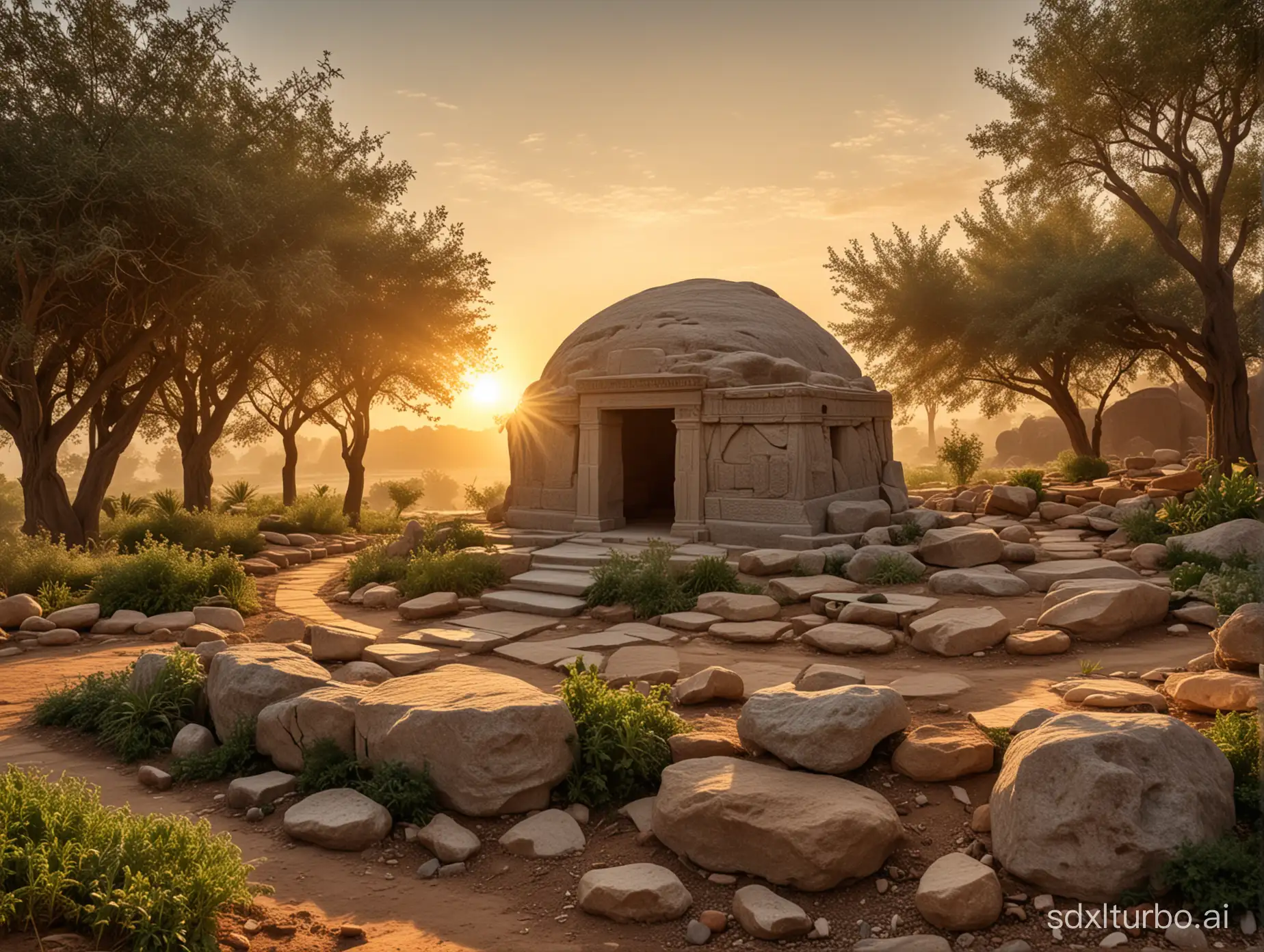 the picture of the tomb in the middle of the garden at the sunrise time and the big rock of tomb is placed aside making the tomb open , a great light is coming from the tomb(representing the resurrection from holy bible)