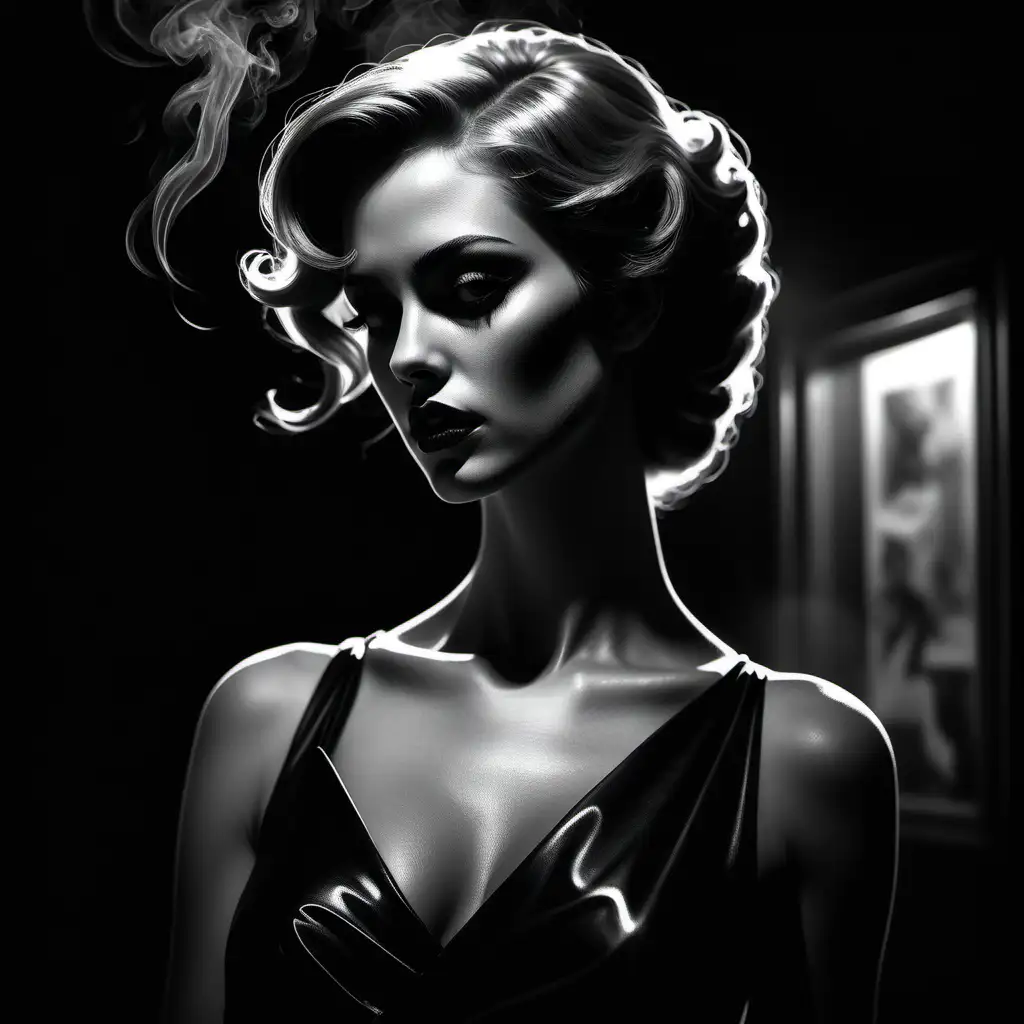 In the dimly lit, smoke-filled room, a chilling and spine-tingling holographic experience transports you into a noir-inspired nightmare. The main subject of this concept art is a hauntingly beautiful femme fatale, rendered in black and white line art reminiscent of a classic film noir. The image is skillfully painted, capturing the essence of mystery with intricate details and striking contrasts. A mysterious silhouette draped in a tailored, form-fitting dress, she exudes an air of danger and allure. Her sharp, piercing eyes seem to cut through the darkness, while her loosely curled hair frames her face with an elegant disarray. The artist's meticulous rendering and expert shading create a sense of depth, making the femme fatale appear almost three-dimensional. This high-quality image immerses viewers in a chilling and captivating world, where shadows conceal secrets, and every step deeper uncovers another layer of the blood-curdling narrative.