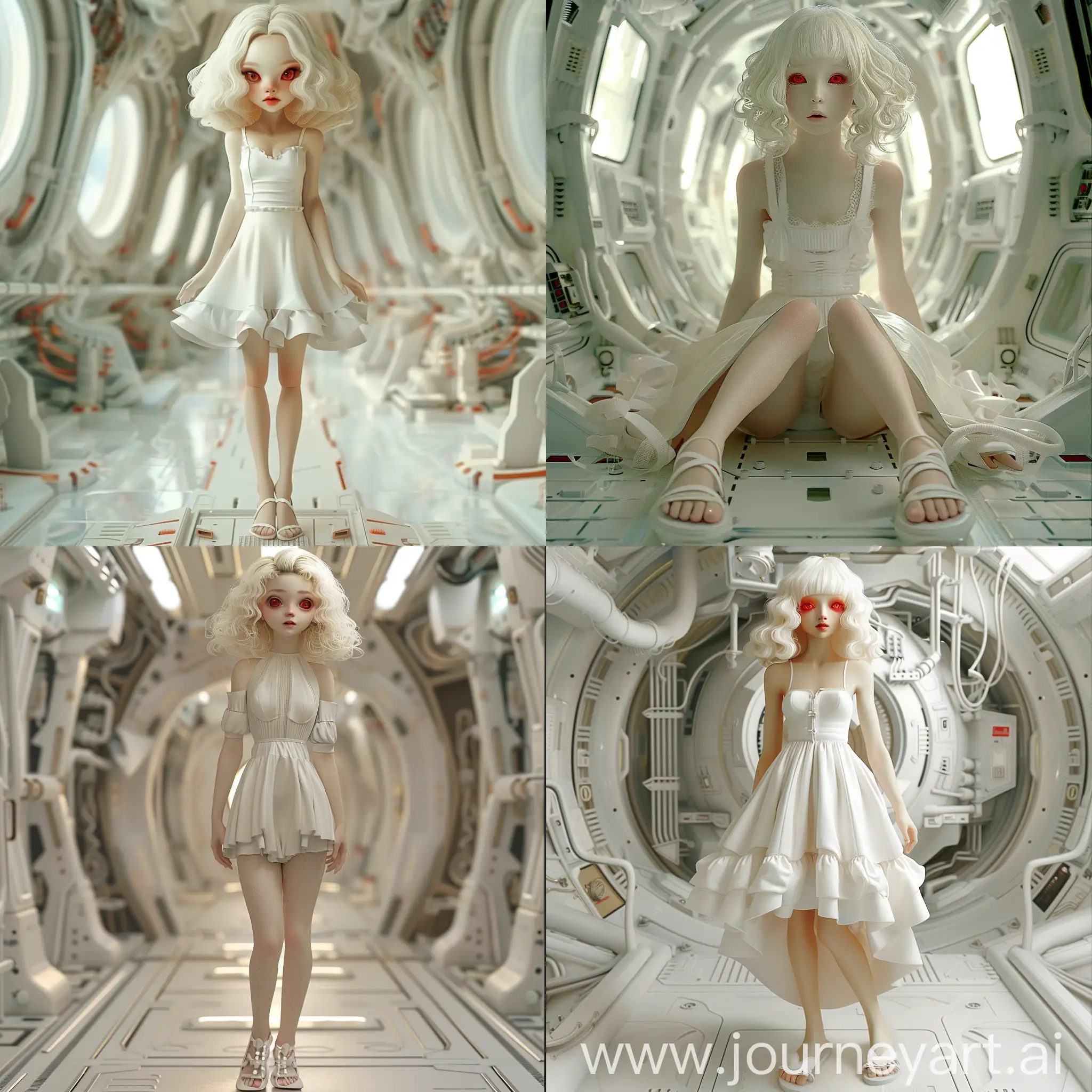a most innocent and youthful-looking beauty with large sensual red eyes,  shoulder-length styled into soft gentle curls of blonde hair, pale skin, flexible lithe hourglass figure, large hips and chest - Wearing a simple yet elegant white sundress with dainty white sandals.

High Quality, 8k, 4k, White Space Station Background, Sci-fi, 3D, Sci-fi, space station background, detailed, HD.