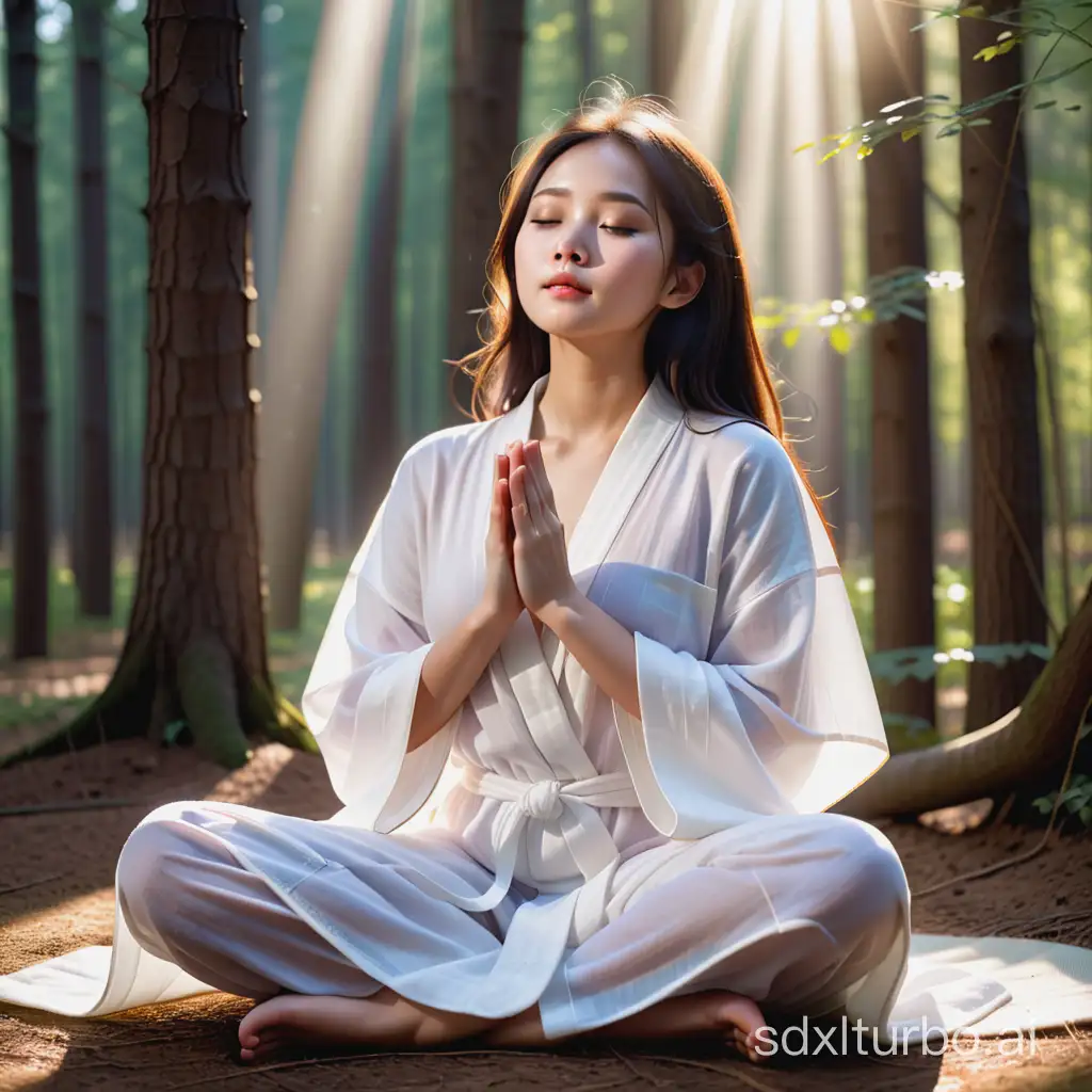 A beautiful Chinese girl with her eyes closed, her hands folded, her expression relaxed, dressed in a loose white robe, thin and translucent, sitting cross-legged in the woods, the sun shining on her body, halo, and reflection, behind the sun through the formation of outline light, light through the clothes, very artistic conception, large aperture shooting, obvious depth of field, virtual background