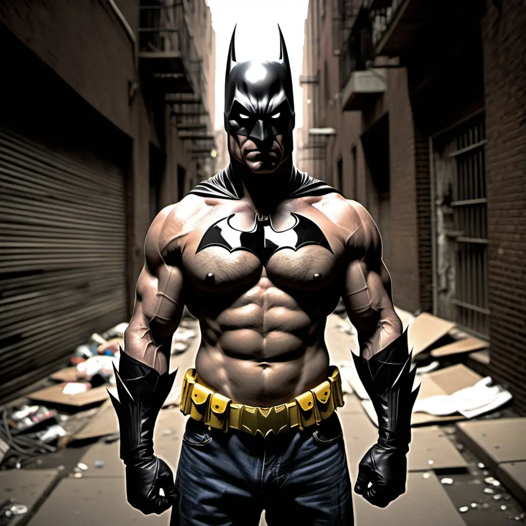 Bare chested ,very muscular batman , in an alley, without bat symbol on his chest