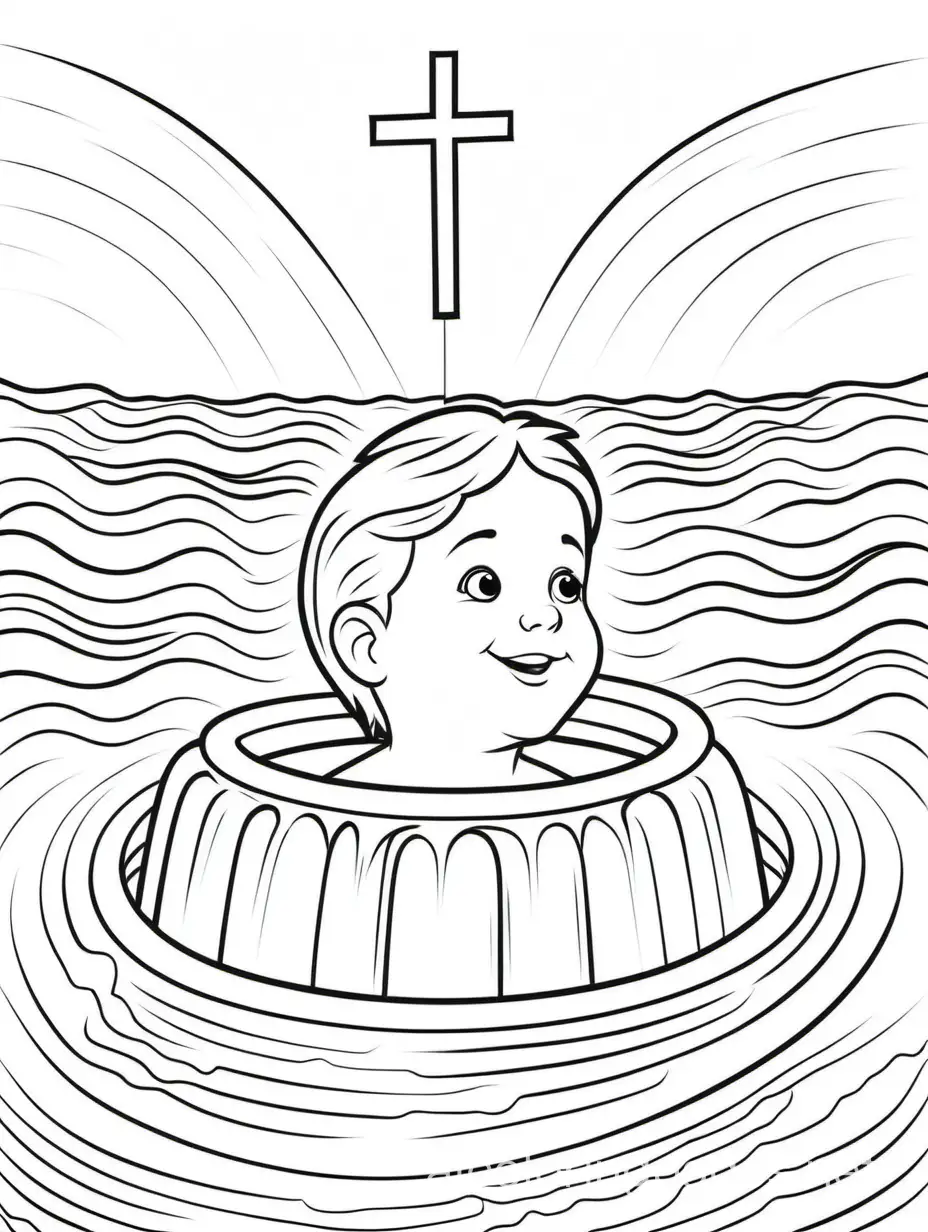 water baptism, Coloring Page, black and white, line art, white background, Simplicity, Ample White Space. The background of the coloring page is plain white to make it easy for young children to color within the lines. The outlines of all the subjects are easy to distinguish, making it simple for kids to color without too much difficulty