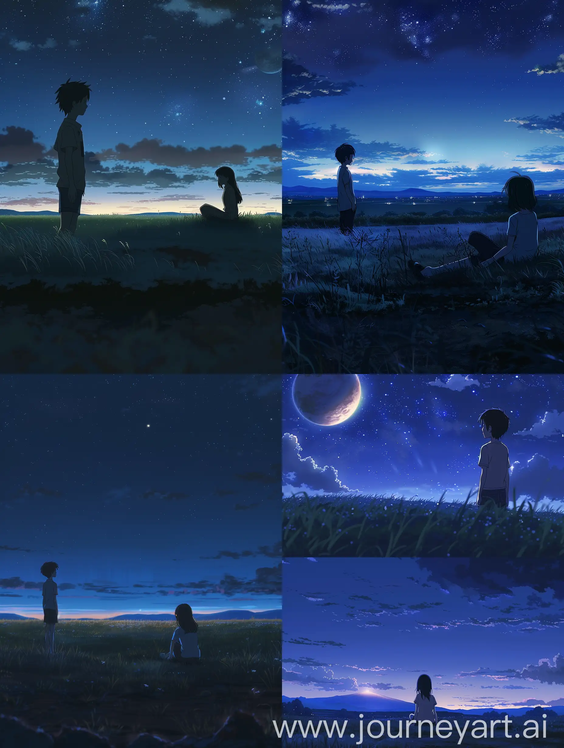 a boy standing in a plain field at night on another planet and A girl sitting on the grass at dusk earth, They see each other through time and space, But unable to contact, distant thoughts, Makoto Shinkai, Ghibli, Miyazaki Hayao
