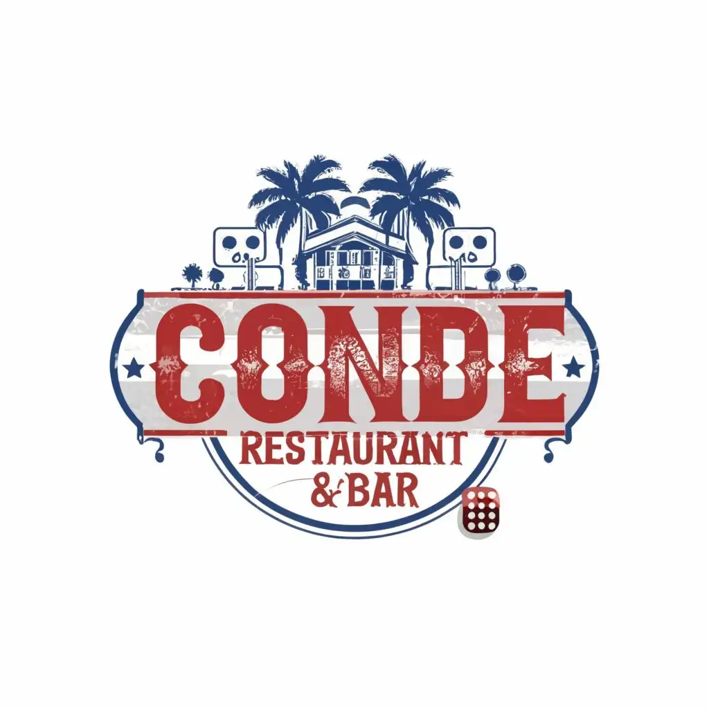 logo, restaurant, pool tables, dominos, red, white, blue, palm tree, with the text "Conde restaurant & bar", typography, be used in Restaurant industry